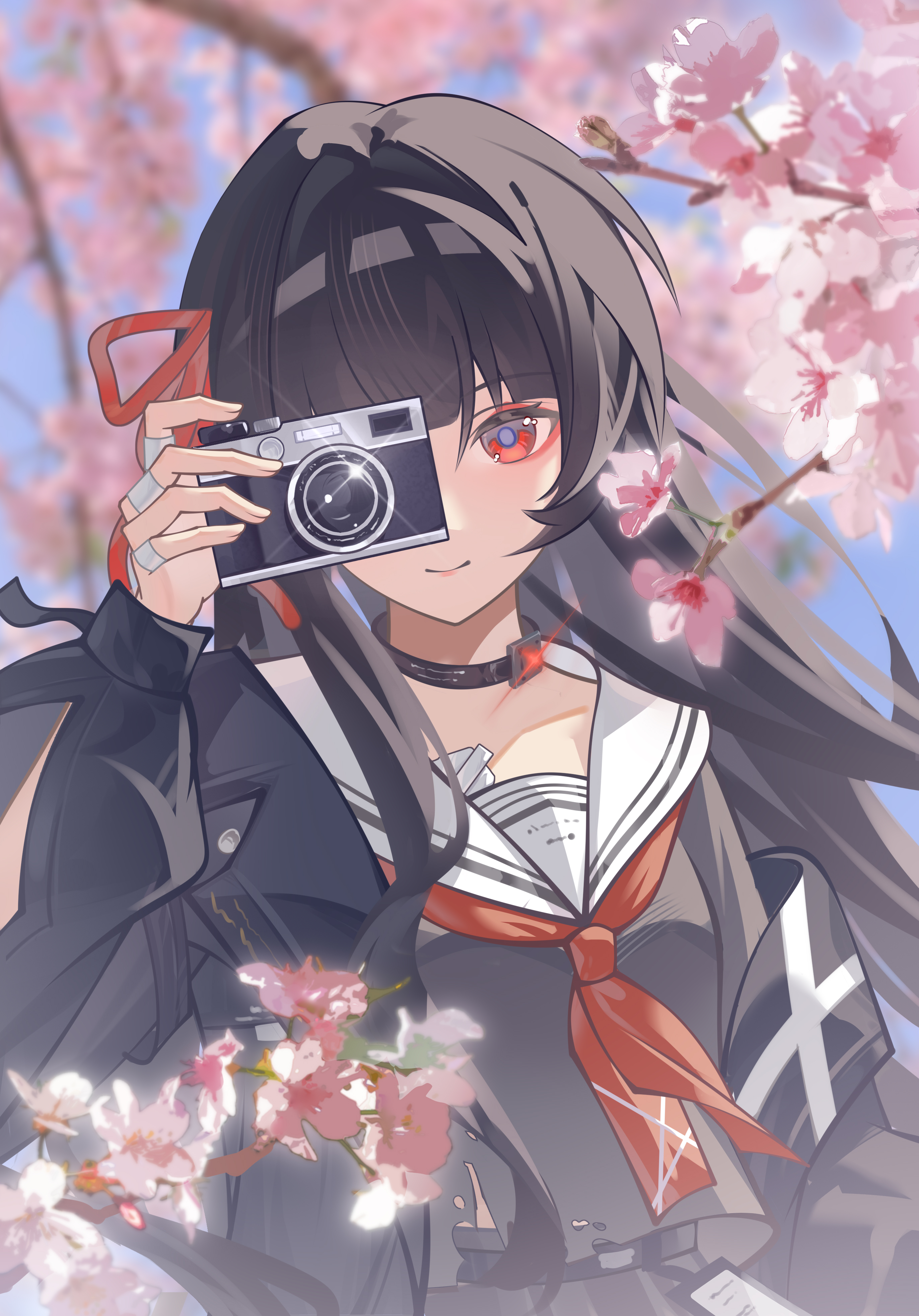 chisa (wuthering waves), wuthering waves, absurdres, commentary request, highres, 1girl, black choker, black hair, black jacket, black shirt, blurry, blurry background, breasts, camera, cherry blossoms, choker, closed mouth, collarbone, hair ribbon, holding, holding camera, jacket, long hair, looking at viewer, medium breasts, neckerchief, red eyes, red neckerchief, red ribbon, ribbon, sailor collar, shirt, single off shoulder, smile, solo, upper body, white sailor collar, xie xi (mihuashi 1563356)
