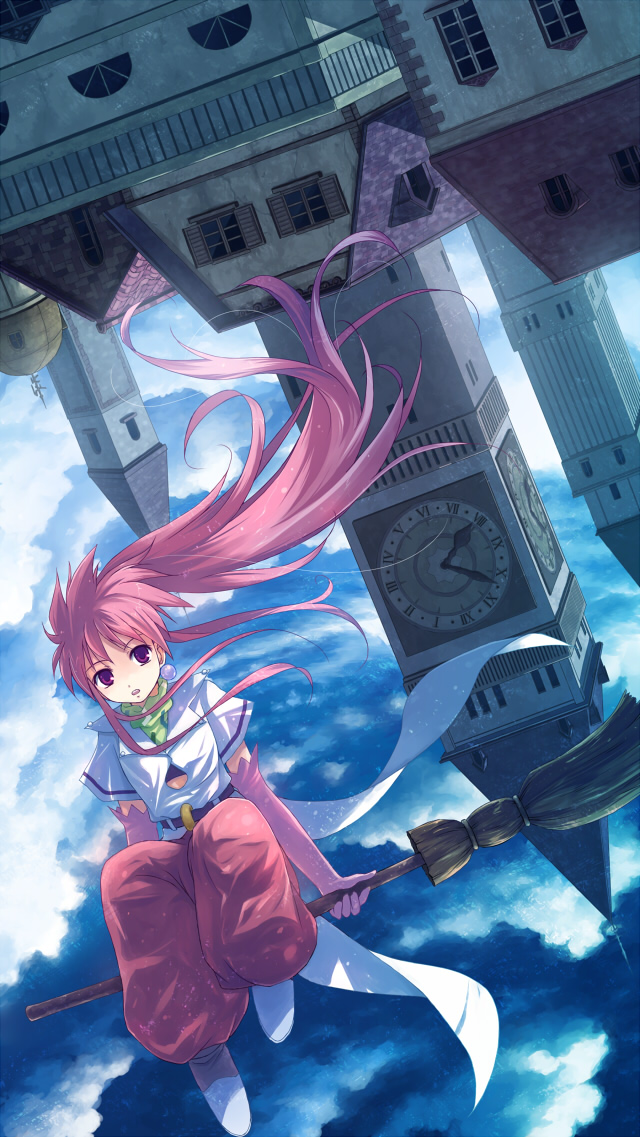 yakka, arche klein, tales of (series), tales of phantasia, 1girl, broom, broom riding, cityscape, elbow gloves, female focus, gloves, long hair, outdoors, pants, pink eyes, pink hair, pink pants, sky, solo, upside-down