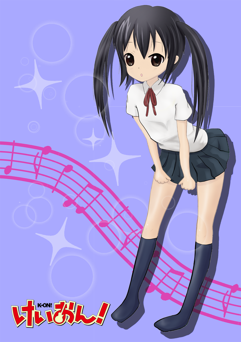 inaton, piatan, nakano azusa, k-on!, bad id, bad pixiv id, 00s, 1girl, beamed quavers, black hair, black skirt, black socks, brown eyes, copyright name, female focus, full body, kneehighs, leaning forward, musical note, musical staff, neck ribbon, pleated skirt, purple background, quaver, red ribbon, ribbon, school uniform, short sleeves, skirt, socks, solo, sparkle, twintails