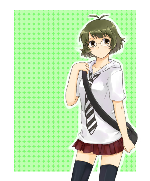 himetsuba, akizuki ryo, idolmaster, idolmaster dearly stars, striped neckwear, 00s, 1boy, ahoge, antenna hair, bag, brown eyes, brown hair, casual, crossdressing, crossdressing (mtf), glasses, green hair, handbag, hood, hoodie, male focus, necktie, short hair, shoulder bag, skirt, solo, striped necktie, thighhighs, trap, zettai ryouiki