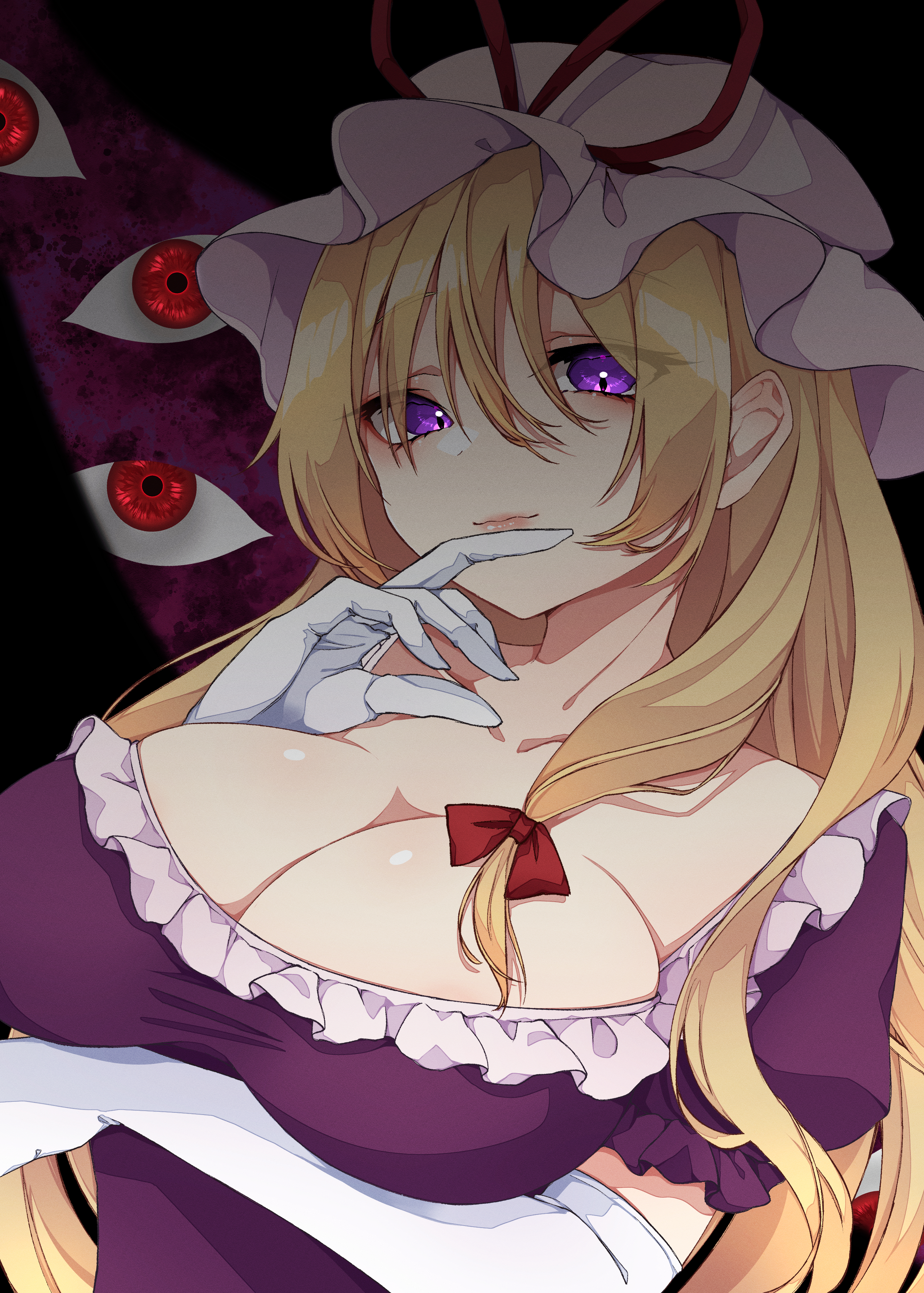 yami nabe, yakumo yukari, touhou, absurdres, commentary request, highres, 1girl, arm under breasts, blonde hair, breasts, cleavage, closed mouth, dress, elbow gloves, frilled dress, frills, gap (touhou), gloves, hat, large breasts, long hair, looking at viewer, mob cap, purple eyes, sidelocks, solo, upper body, white gloves, white hat