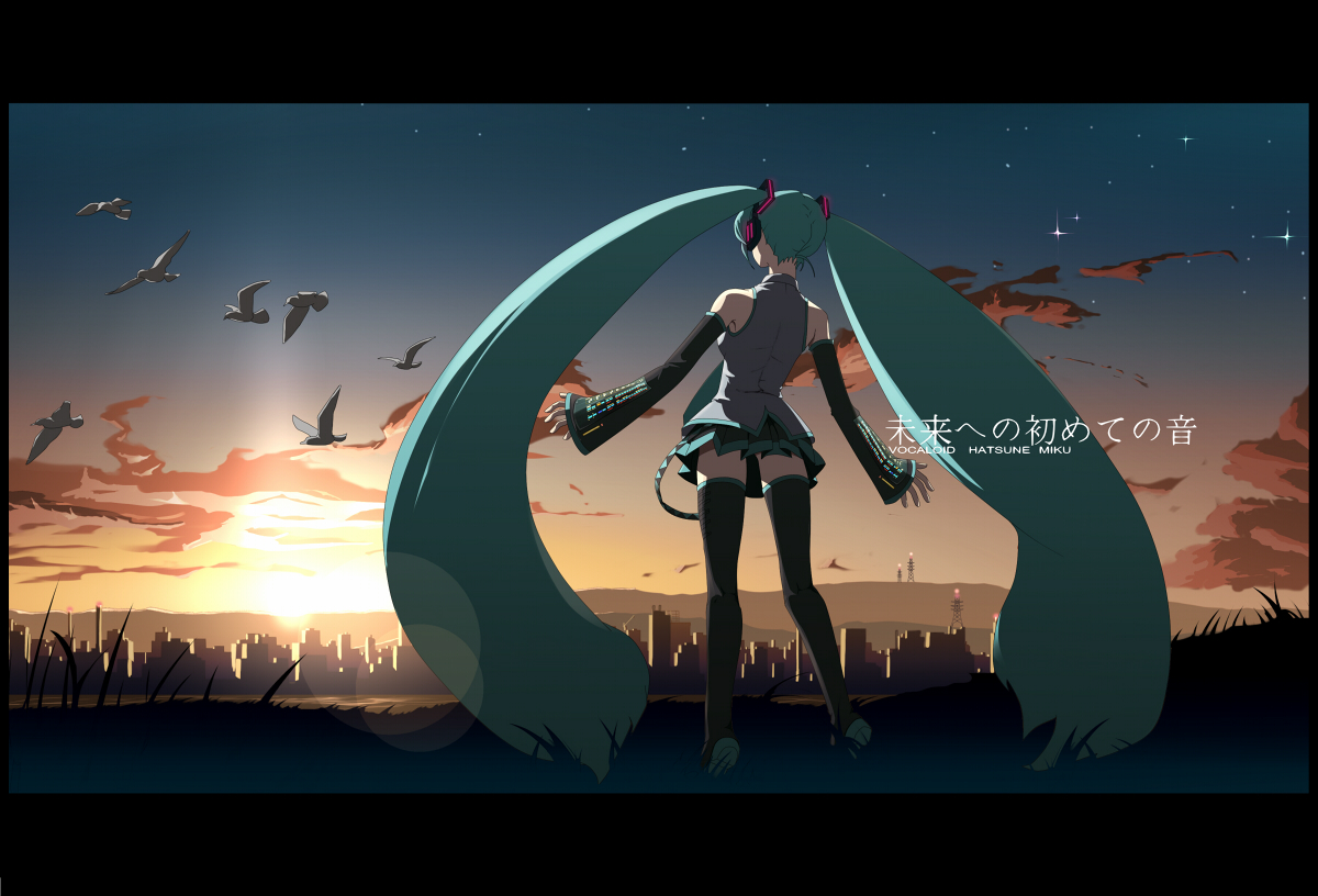 eto, hatsune miku, vocaloid, bad id, bad pixiv id, colorized, 1girl, aqua hair, back, bird, city, cityscape, detached sleeves, dusk, female focus, headphones, long hair, scenery, skirt, sky, solo, star (symbol), sunrise, thighhighs, twintails, very long hair, zettai ryouiki