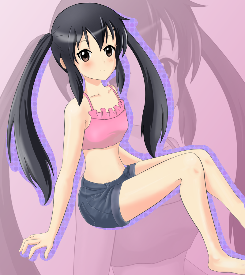 inaton, piatan, nakano azusa, k-on!, 00s, 1girl, black hair, brown eyes, camisole, denim, denim shorts, female focus, long hair, midriff, short shorts, shorts, sitting, solo, twintails, zoom layer