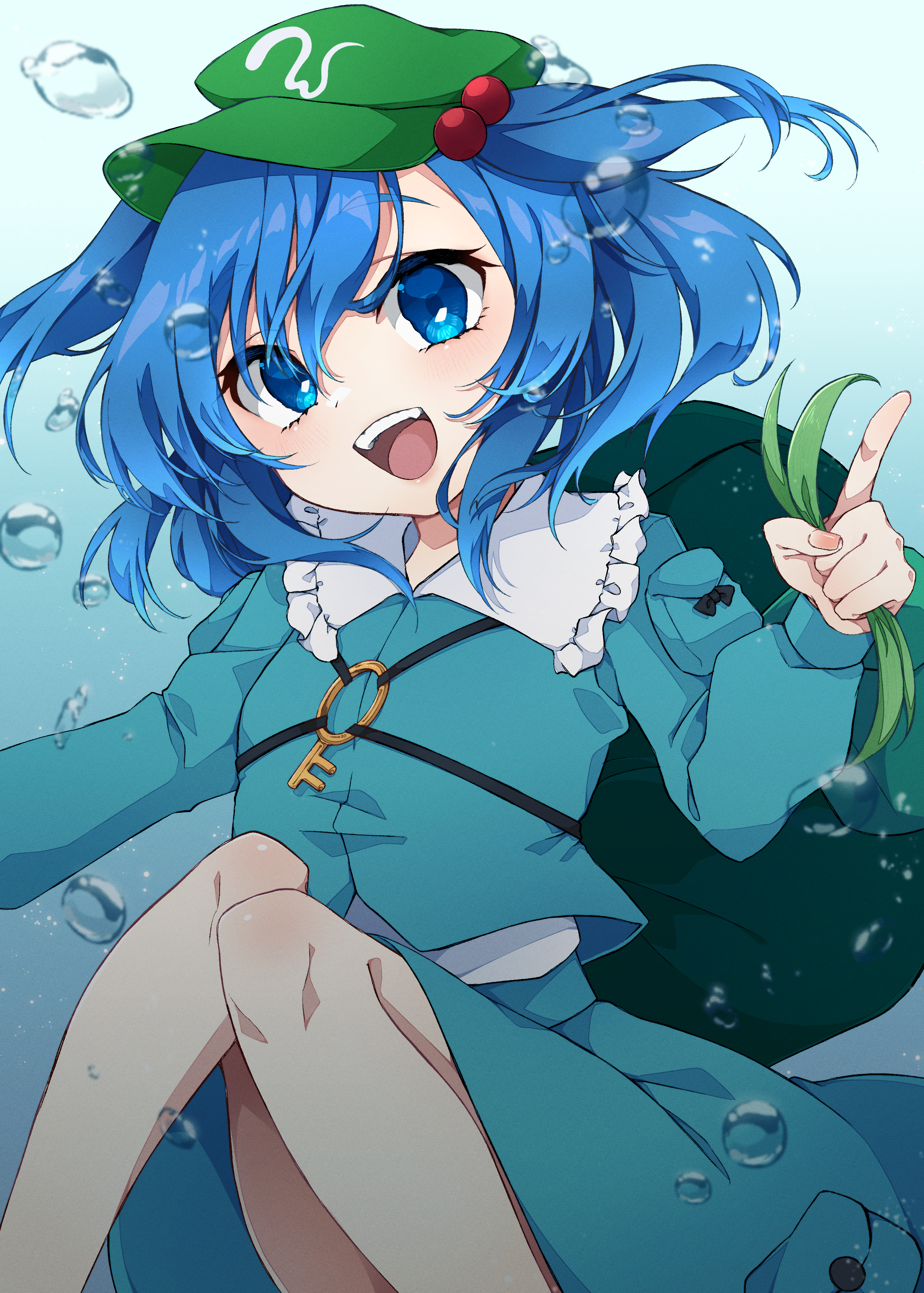 yami nabe, kawashiro nitori, touhou, absurdres, commentary request, highres, 1girl, backpack, bag, blue background, blue eyes, blue hair, blue shirt, blue skirt, blush, feet out of frame, flat cap, gradient background, green hat, hat, index finger raised, key, long sleeves, looking at viewer, open mouth, shirt, short hair, skirt, solo, teeth, two side up, upper teeth only