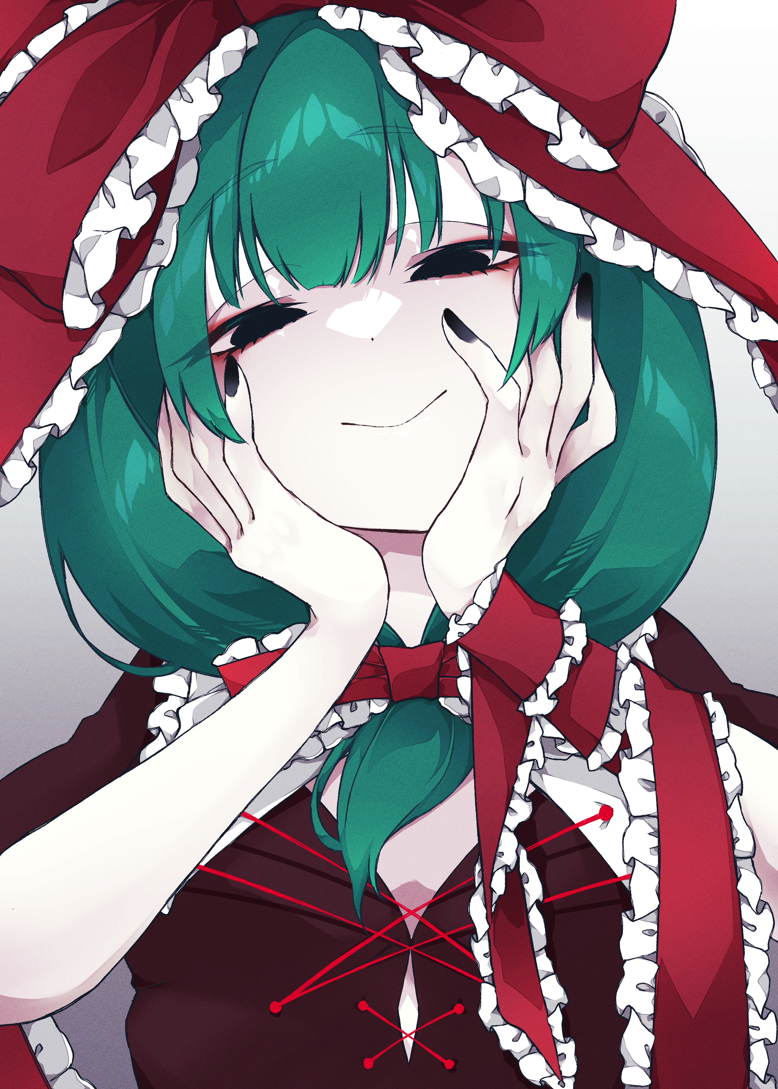 yami nabe, kagiyama hina, touhou, absurdres, commentary request, highres, variant set, 1girl, black eyes, black nails, bow, closed mouth, cross-laced clothes, empty eyes, front ponytail, green hair, hair bow, hair ribbon, looking at viewer, red bow, red ribbon, ribbon, smile, solo, upper body