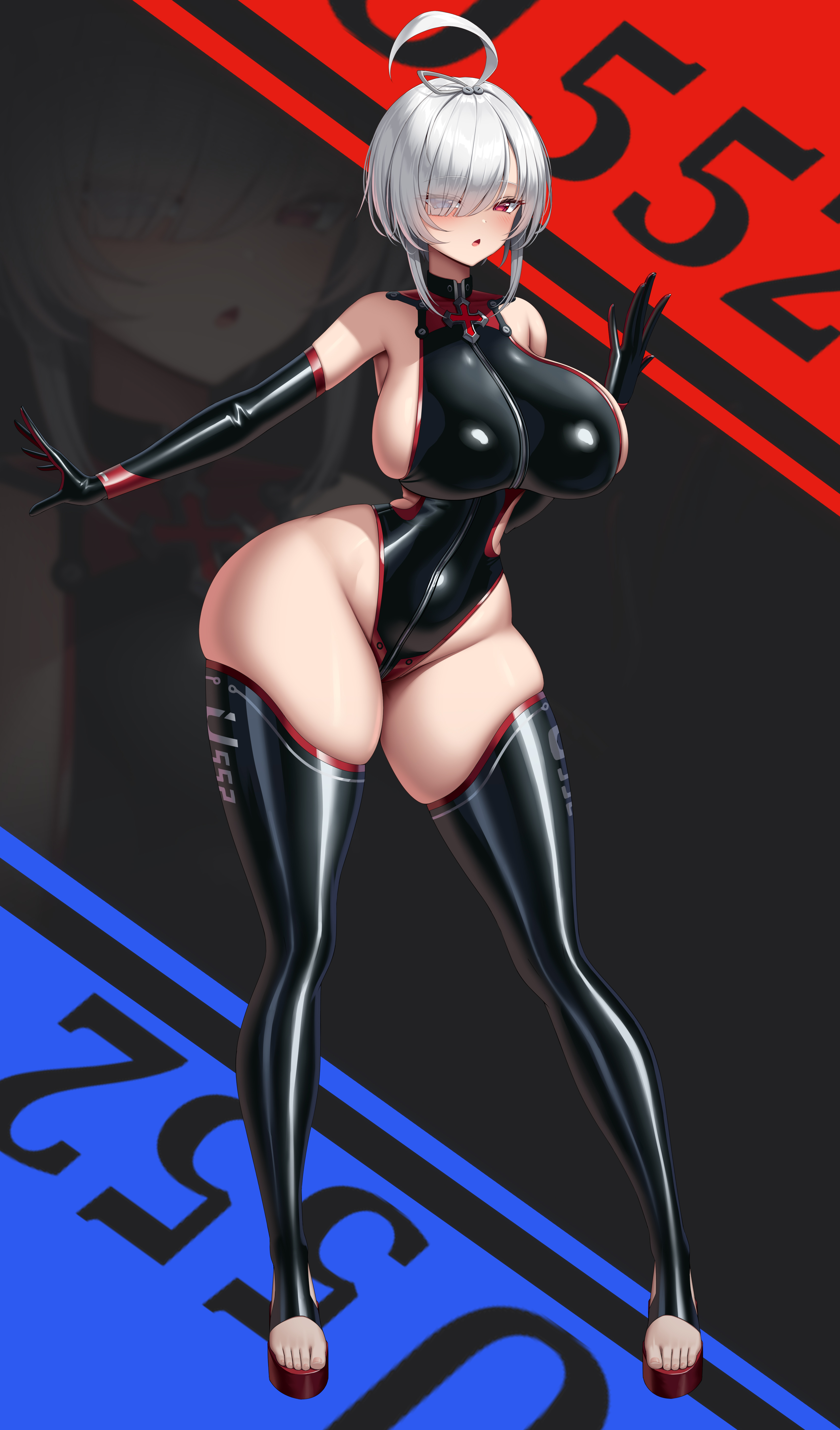 yue huang qing vassago, u-552 (azur lane), azur lane, absurdres, highres, 1girl, ahoge, alternate breast size (larger), black gloves, black one-piece swimsuit, black thighhighs, blue eyes, breasts, character name, elbow gloves, eyes visible through hair, full body, gloves, groin, hair over one eye, heterochromia, huge breasts, latex, latex legwear, latex thighhighs, looking at viewer, one-piece swimsuit, red eyes, short hair, skindentation, solo, stirrup legwear, swimsuit, thighhighs, toeless legwear, white hair, zoom layer