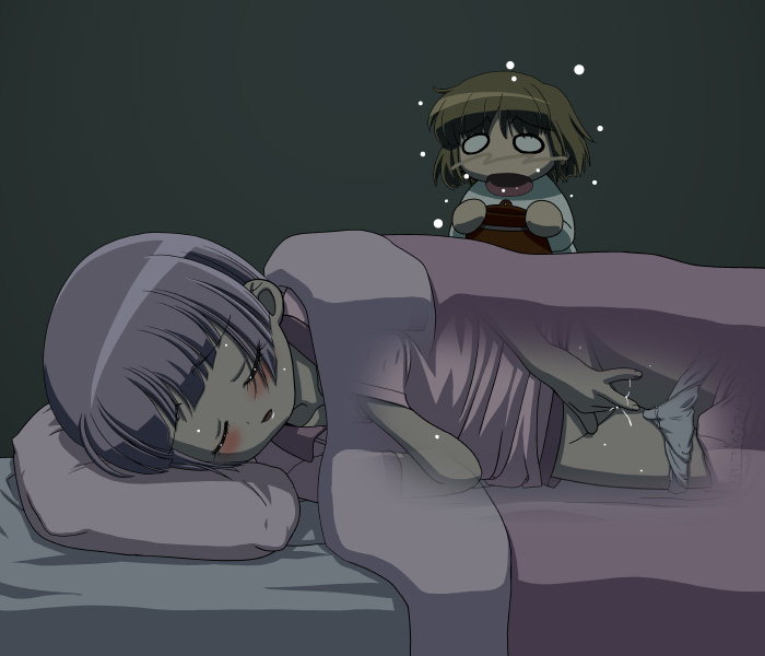 gambler club, kohsaka jun, amano saki, nakamachi kana, kanamemo, 00s, 2girls, blush, breasts, brown hair, closed eyes, clothed masturbation, female masturbation, fingering, flat chest, grabbing another's breast, grabbing own flat chest, groping, hand under clothes, hand under shirt, loli, masturbation, multiple girls, o o, pajamas, pajamas pull, panties, panty pull, pillow, purple hair, pussy juice, see-through clothes, shirt, short hair, small breasts, stealth masturbation, under covers, underwear, walk-in, white panties, x-ray