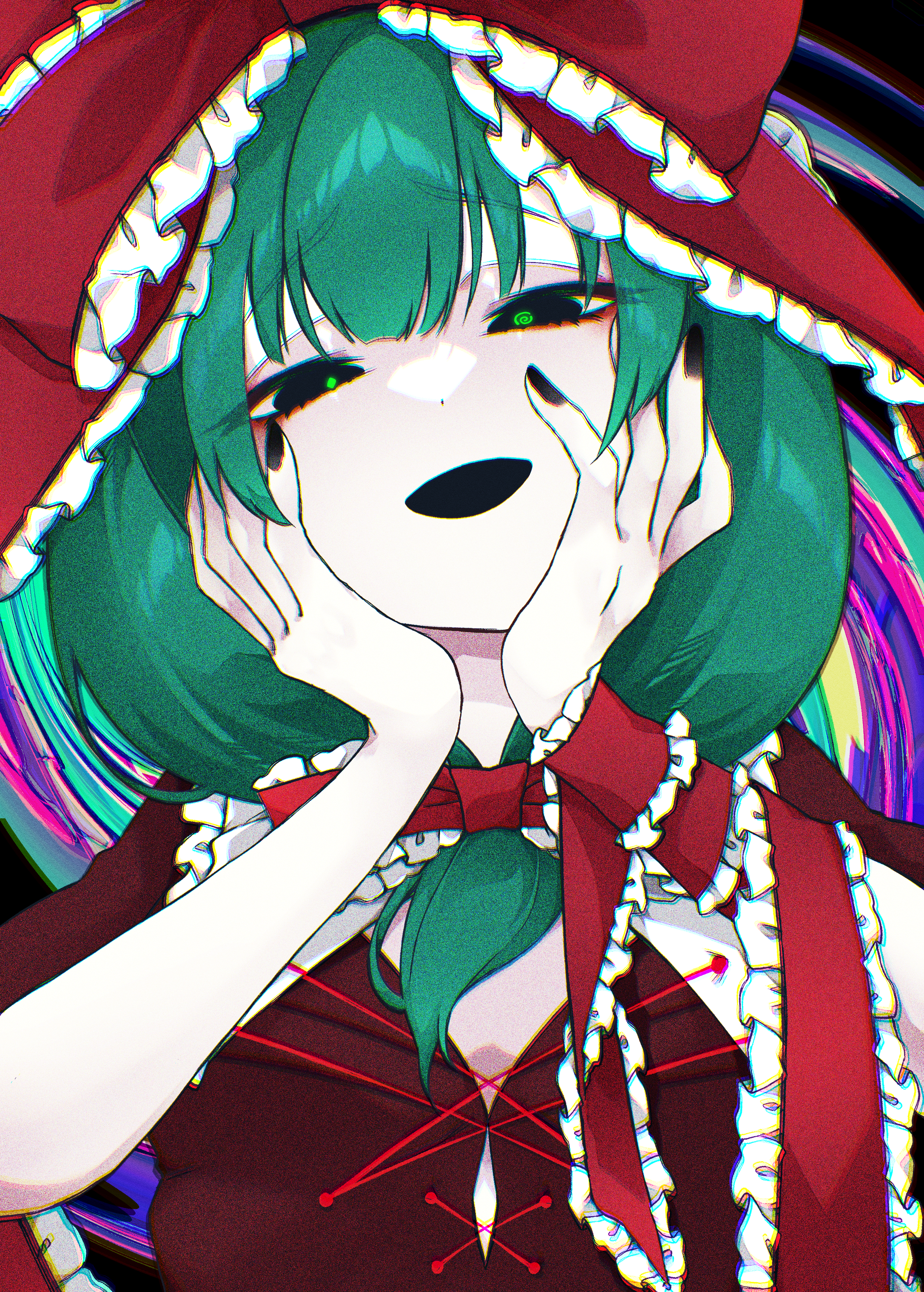 yami nabe, kagiyama hina, touhou, absurdres, commentary request, highres, variant set, 1girl, black eyes, black nails, bow, cross-laced clothes, empty eyes, front ponytail, green hair, green pupils, hair bow, hair ribbon, looking at viewer, open mouth, red bow, red ribbon, ribbon, smile, solo, upper body
