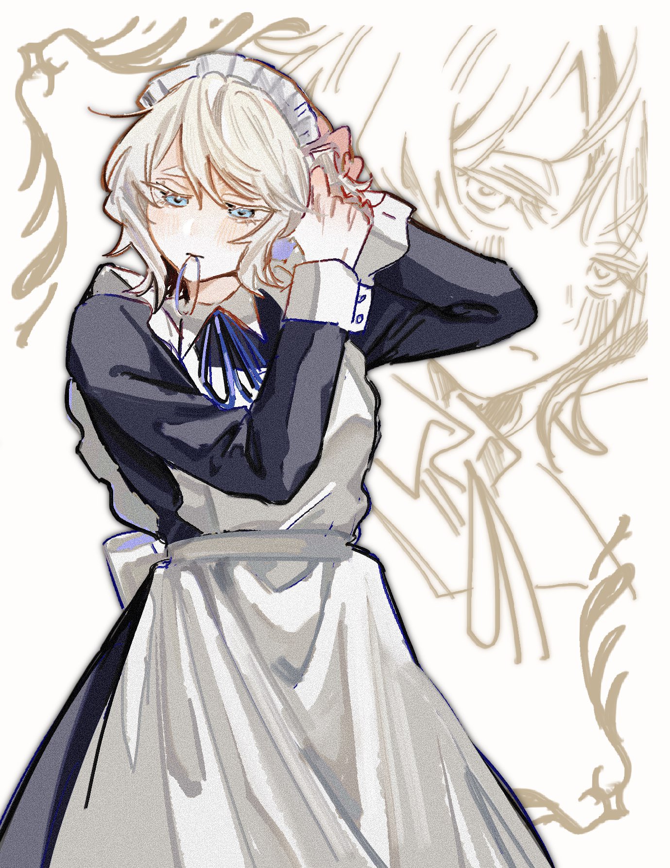 waffle fish, faust (project moon), limbus company, project moon, highres, 1girl, adjusting hair, alternate costume, apron, black dress, blue eyes, cowboy shot, dress, hair tie in mouth, hand up, maid, maid apron, maid headdress, mouth hold, short hair, solo, white apron, white hair