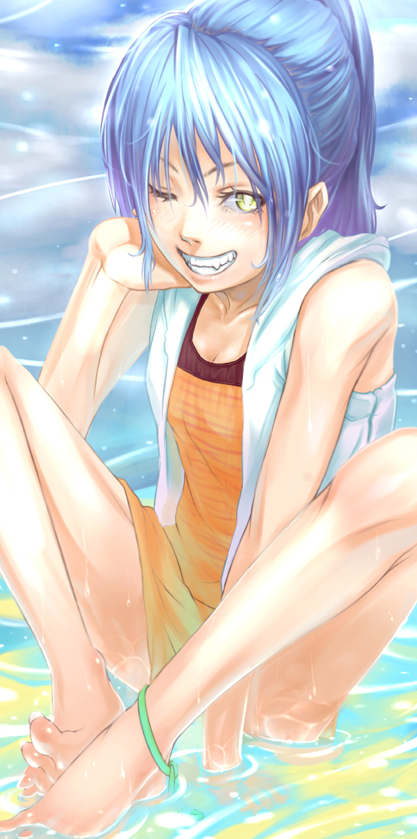 inugoro, inumaro (inugoro), highres, 1girl, anklet, barefoot, blue hair, fangs, feet, female focus, grin, jewelry, one eye closed, ponytail, smile, solo, teeth, water, wink, yellow eyes