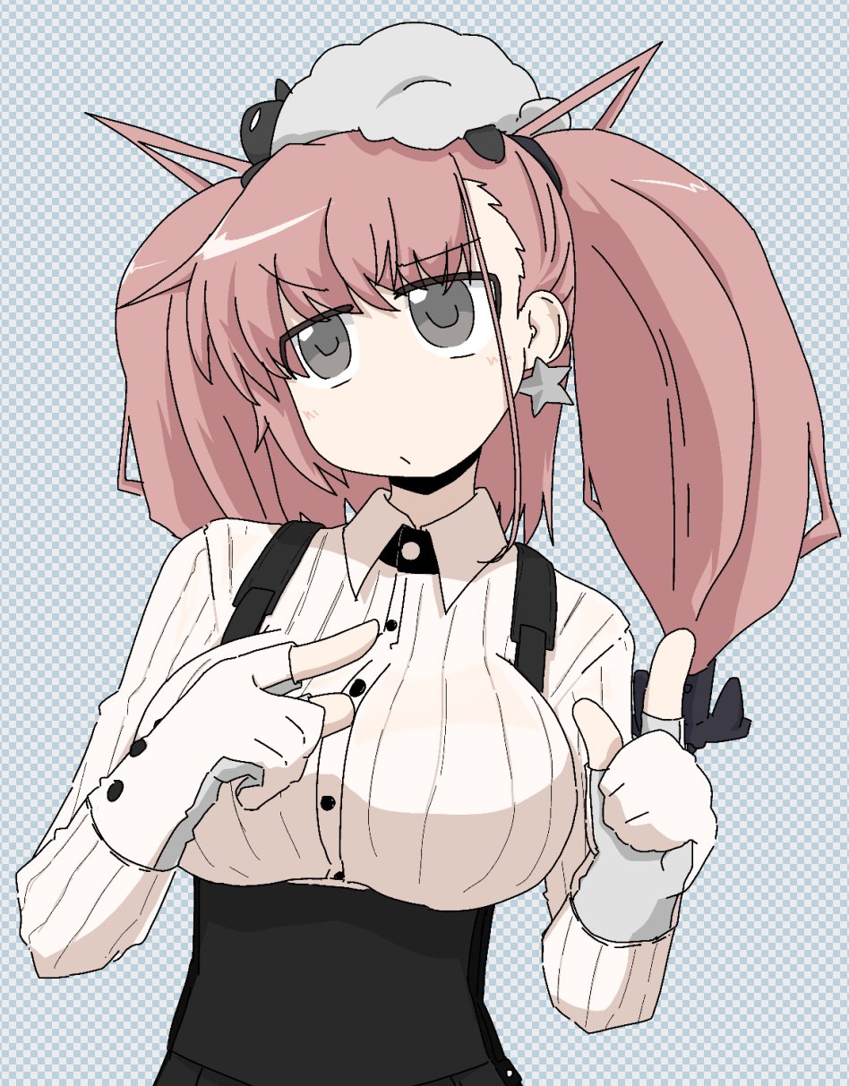 shiki kyouzoku, atlanta (kancolle), kantai collection, highres, 1girl, anchor hair ornament, animal, animal on head, breasts, brown hair, checkered background, dress shirt, earrings, facing viewer, gloves, grey eyes, hair ornament, high-waist skirt, index fingers raised, jewelry, large breasts, long hair, long sleeves, looking up, on head, partially fingerless gloves, sheep, sheep on head, shirt, sideways glance, simple background, single earring, skirt, star (symbol), star earrings, suspenders, two side up, white shirt