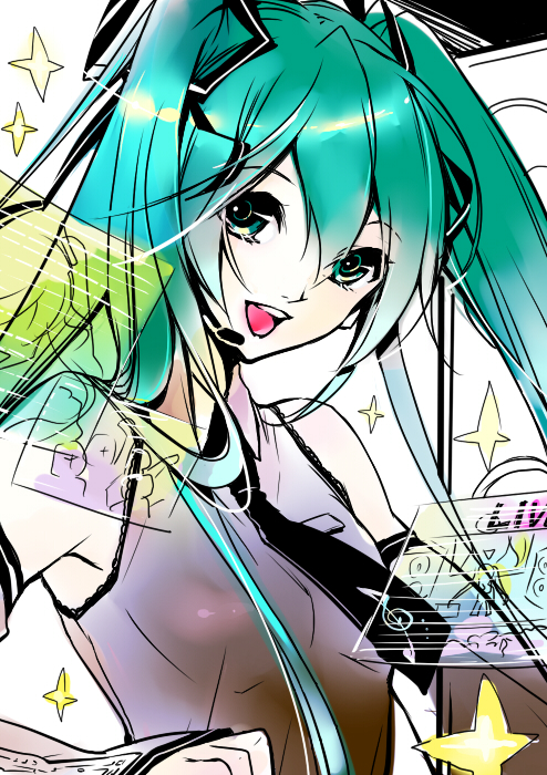 qualia, hatsune miku, vocaloid, bad id, bad pixiv id, aqua eyes, aqua hair, armpits, solo, twintails