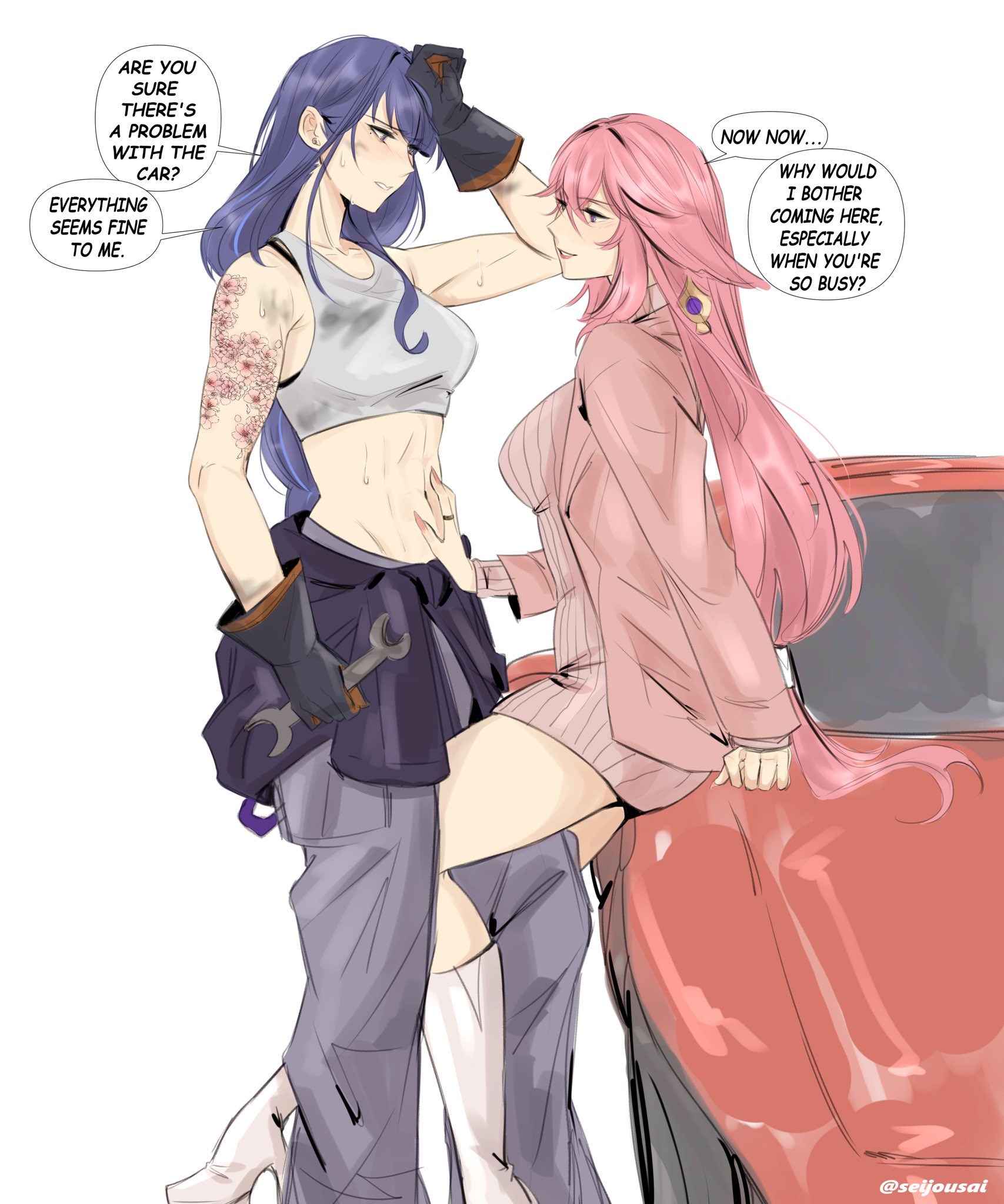 seijousai, raiden shogun, yae miko, genshin impact, commentary, english commentary, highres, 2girls, abs, animal ears, arm tattoo, black gloves, blush, boots, car, clothes around waist, crop top, dress, earrings, english text, flower tattoo, fox ears, gloves, grey pants, hand on another's stomach, high heel boots, high heels, holding, holding wrench, jacket, jacket around waist, jewelry, knee boots, leg between thighs, long hair, mechanic, midriff, motor vehicle, multiple girls, pants, parted lips, pink dress, pink hair, pink jacket, pink nails, purple eyes, purple hair, ring, simple background, smile, speech bubble, sweat, tank top, tattoo, toned, toned female, white background, white boots, white tank top, wrench, yuri