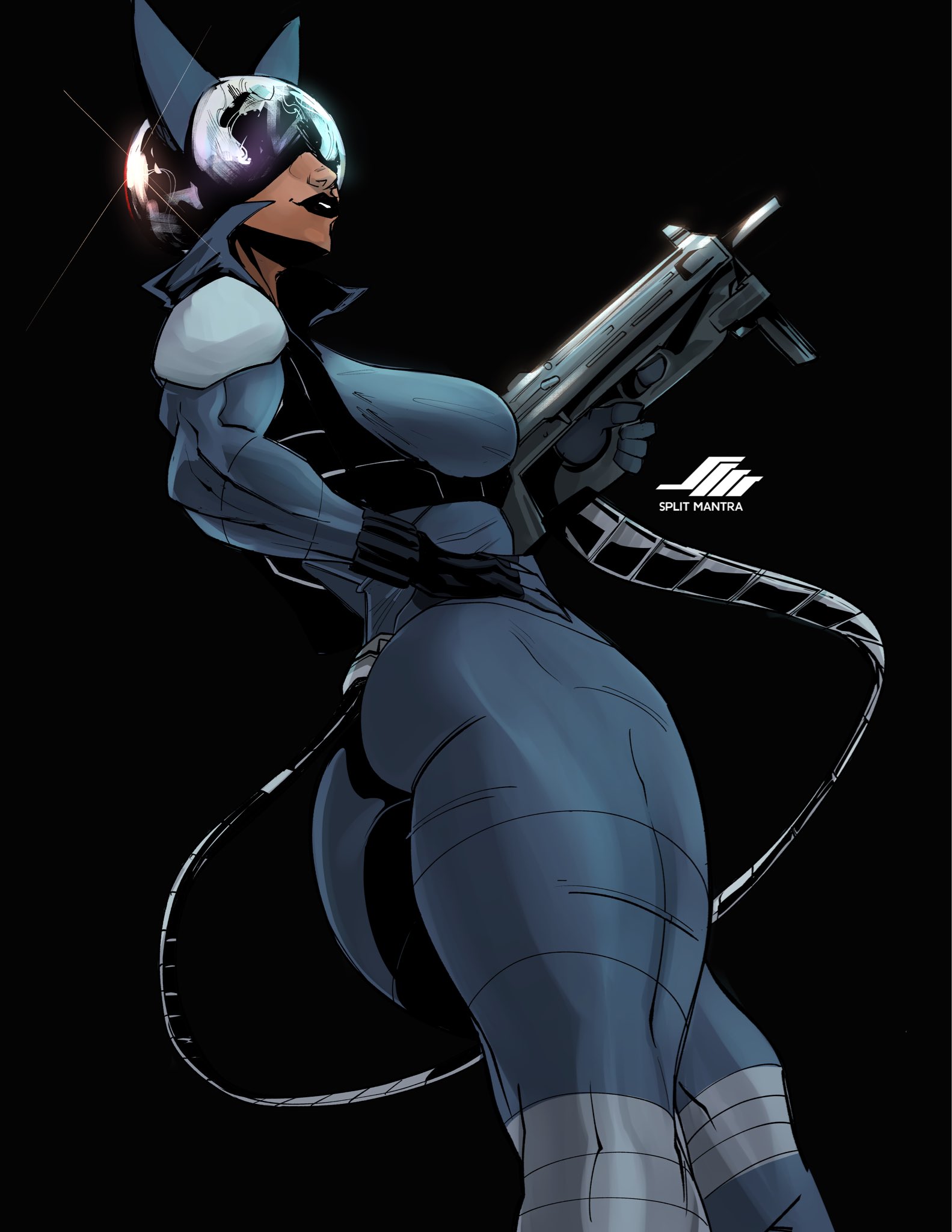 catwoman, absolute batman, absolute dc, dc comics, highres, 1girl, artist name, biker clothes, bikesuit, bodysuit, curvy, dark-skinned female, dark skin, duckman 1337, grey bodysuit, gun, helmet, holding, holding gun, holding weapon, impossible bodysuit, impossible clothes, multicolored bodysuit, signature, skin tight, solo, toned, toned female, two-tone bodysuit, weapon