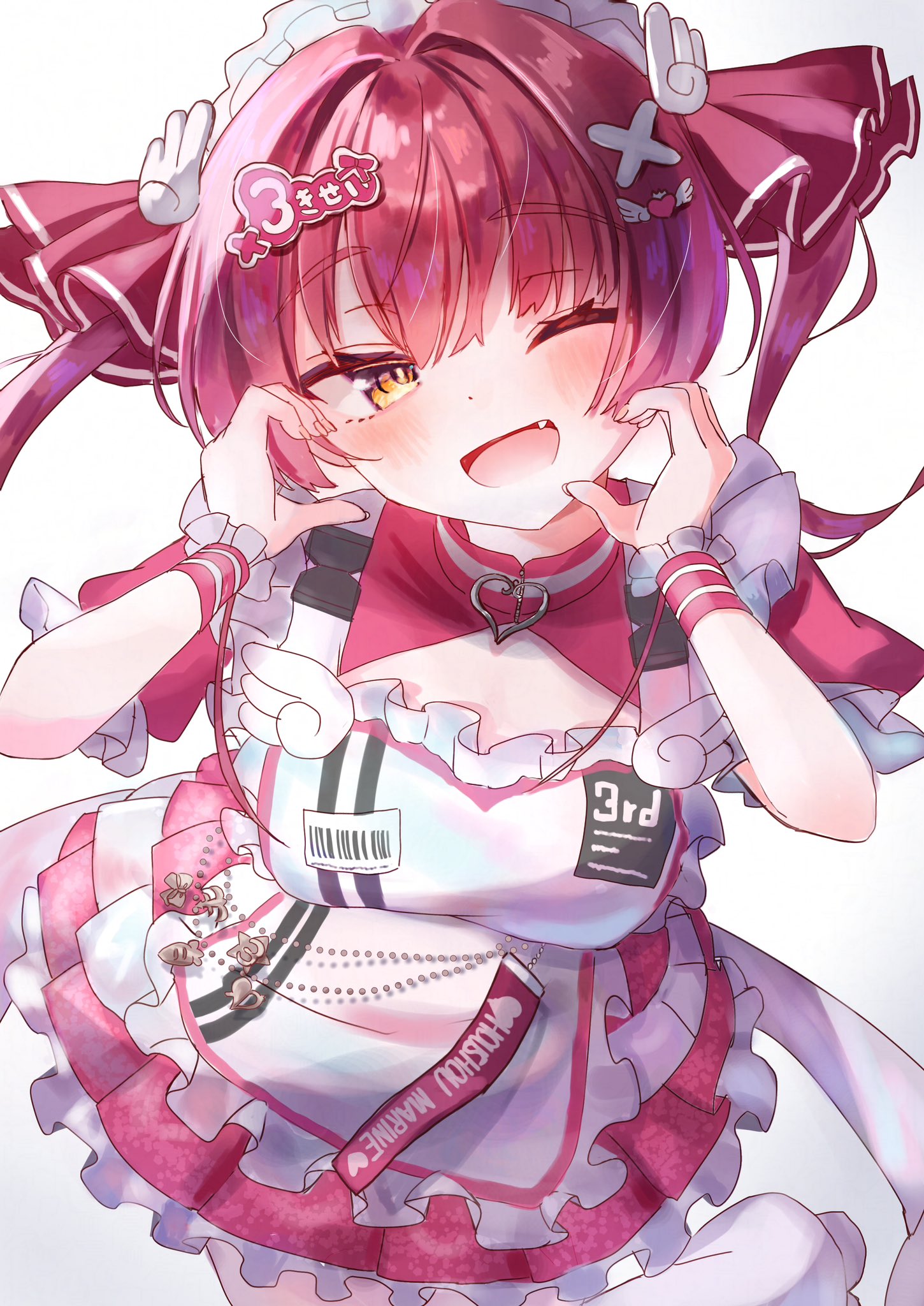 charlotte11037, houshou marine, hololive, highres, 1girl, apron, blush, dress, fang, hair ornament, hair ribbon, long hair, looking at viewer, maid, maid apron, one eye closed, red dress, red hair, red ribbon, ribbon, smile, solo, twintails, virtual youtuber, white apron, white headdress, x hair ornament, yellow eyes