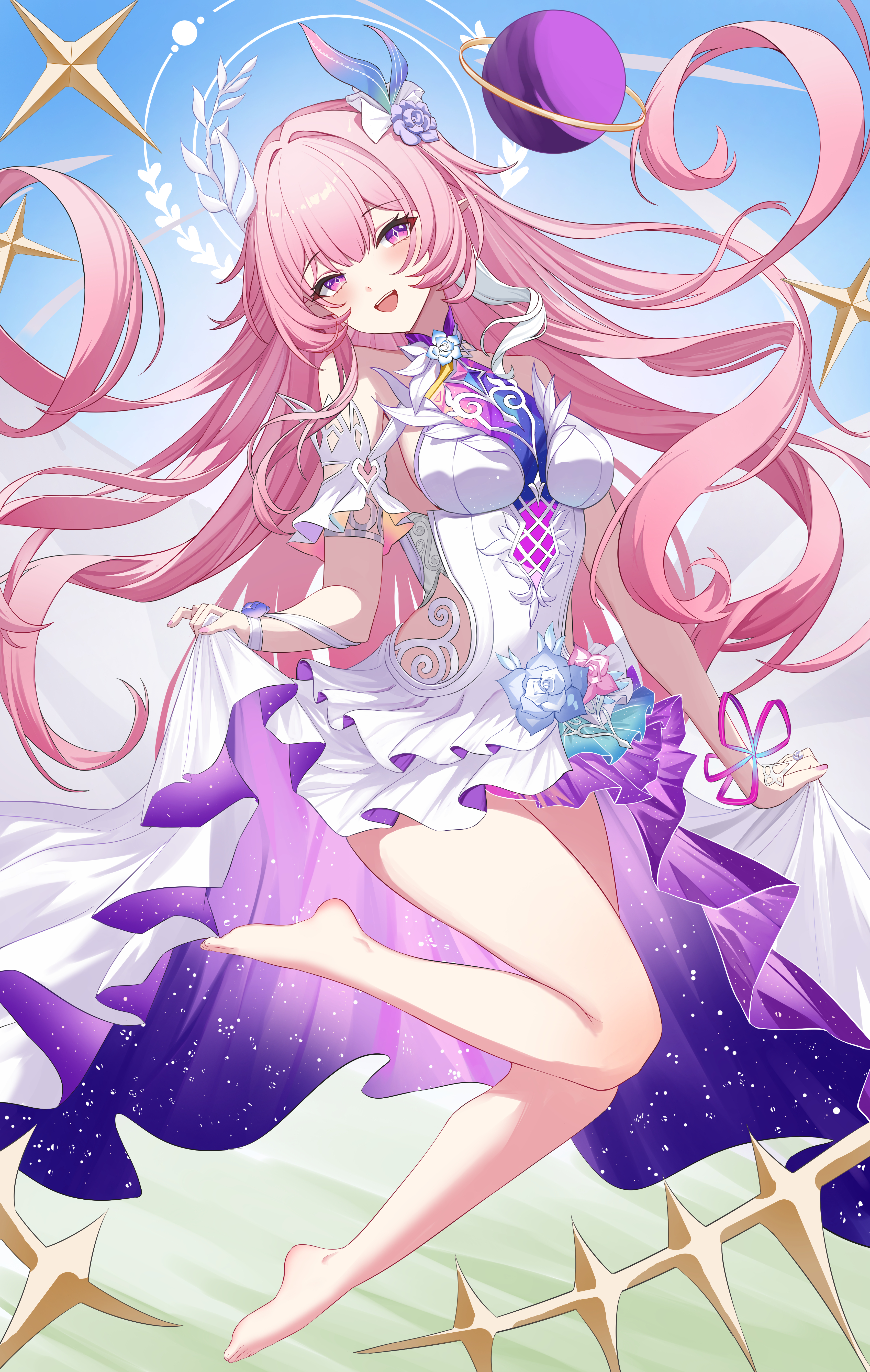 lao xi, cyrene (honkai: star rail), honkai: star rail, honkai (series), absurdres, commentary request, highres, 1girl, armlet, bare shoulders, blue sky, breasts, cyrene (demiurge) (honkai: star rail), day, diamond-shaped pupils, diamond (shape), dress, flower, full body, hair flower, hair ornament, halo, halo behind head, jewelry, large breasts, long hair, looking at viewer, nail polish, open mouth, outdoors, pink hair, pink nails, pointy ears, purple eyes, purple flower, purple rose, rose, sidelocks, sky, smile, solo, symbol-shaped pupils, very long hair, white dress