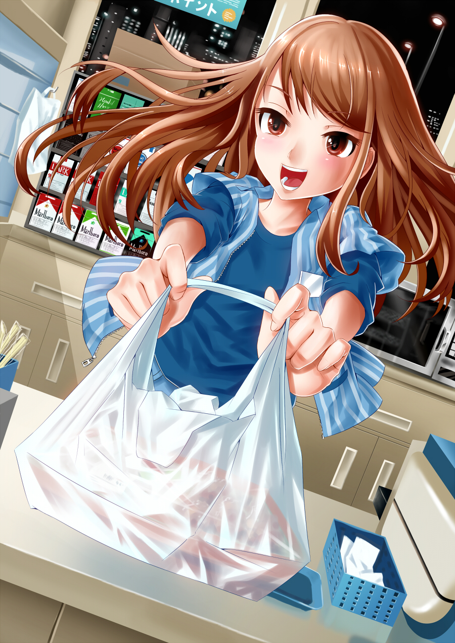 poo (saku), saku (saku9595), marlboro, original, highres, brown eyes, brown hair, jacket, long hair, open mouth, smile, solo