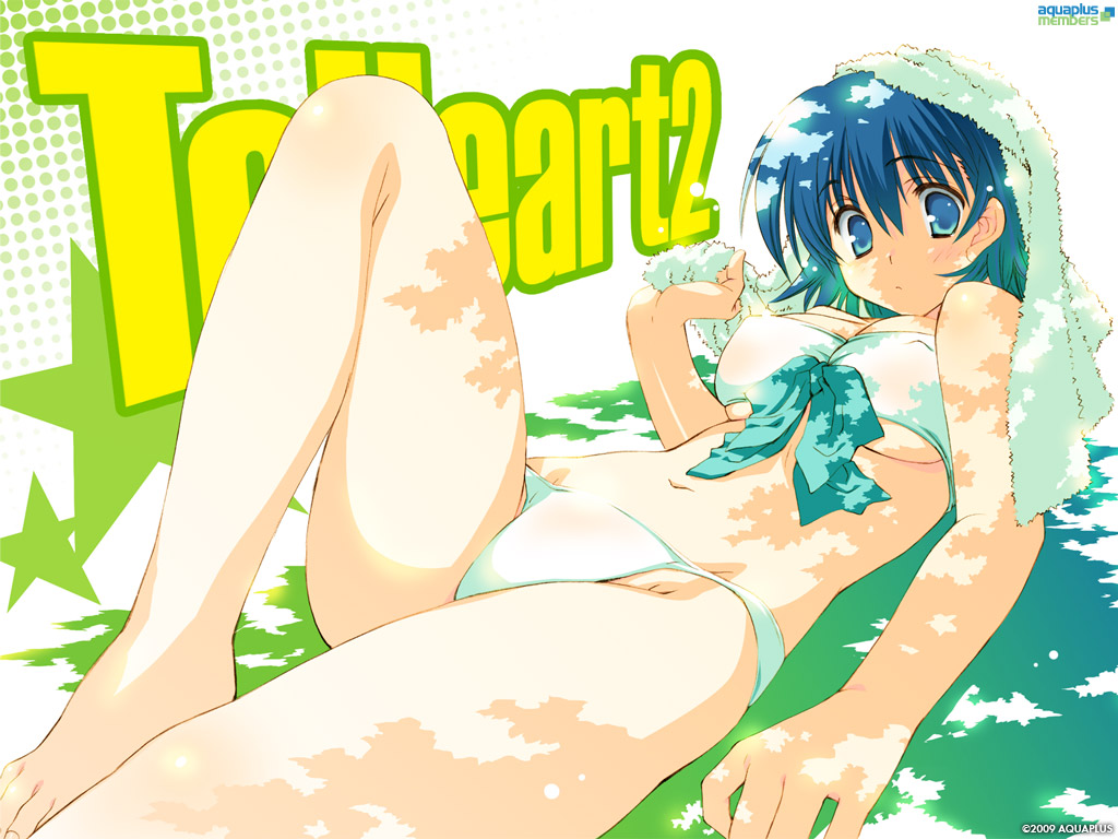mitsumi misato, tonami yuma, to heart (series), to heart 2, 00s, 1girl, barefoot, bikini, blue eyes, blue hair, breasts, female focus, foreshortening, front-tie top, lying, matching hair/eyes, navel, on back, short hair, solo, swimsuit, towel, towel on head, tree shade, underboob, white bikini