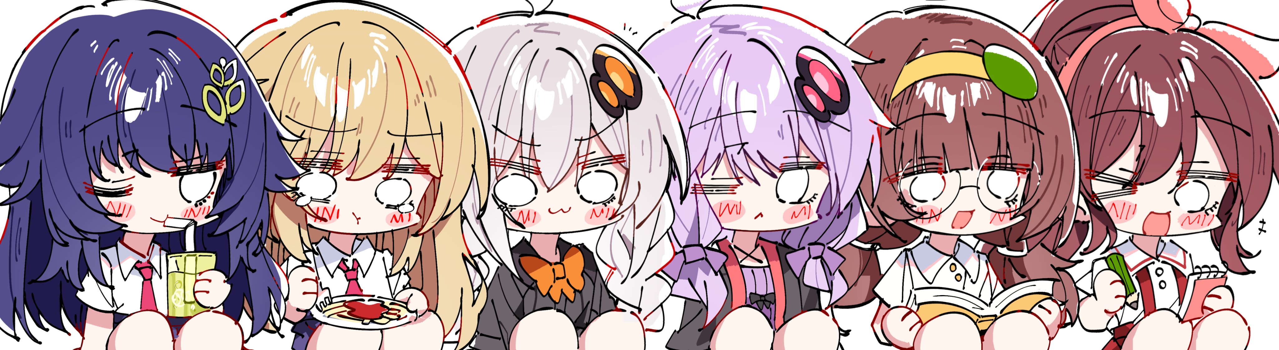 zhanzhangzlw, kizuna akari, yuzuki yukari, vocaloid, voiceroid, absurdres, character request, chinese commentary, commentary request, copyright request, highres, 6+girls, black hair, black shirt, blonde hair, book, bow, braid, brown hair, cup, drinking straw, fork, glasses, hairband, holding, holding book, holding cup, holding fork, holding notepad, holding pencil, long hair, multiple girls, necktie, notepad, one eye closed, orange bow, pencil, plate, ponytail, purple hair, red necktie, red suspenders, shirt, showaru tensai osananajimi to no shobu ni makete hatsutaiken wo zenbu ubawareru hanashi, umezono komaki, white hair, white shirt, yoshizawa wakaba