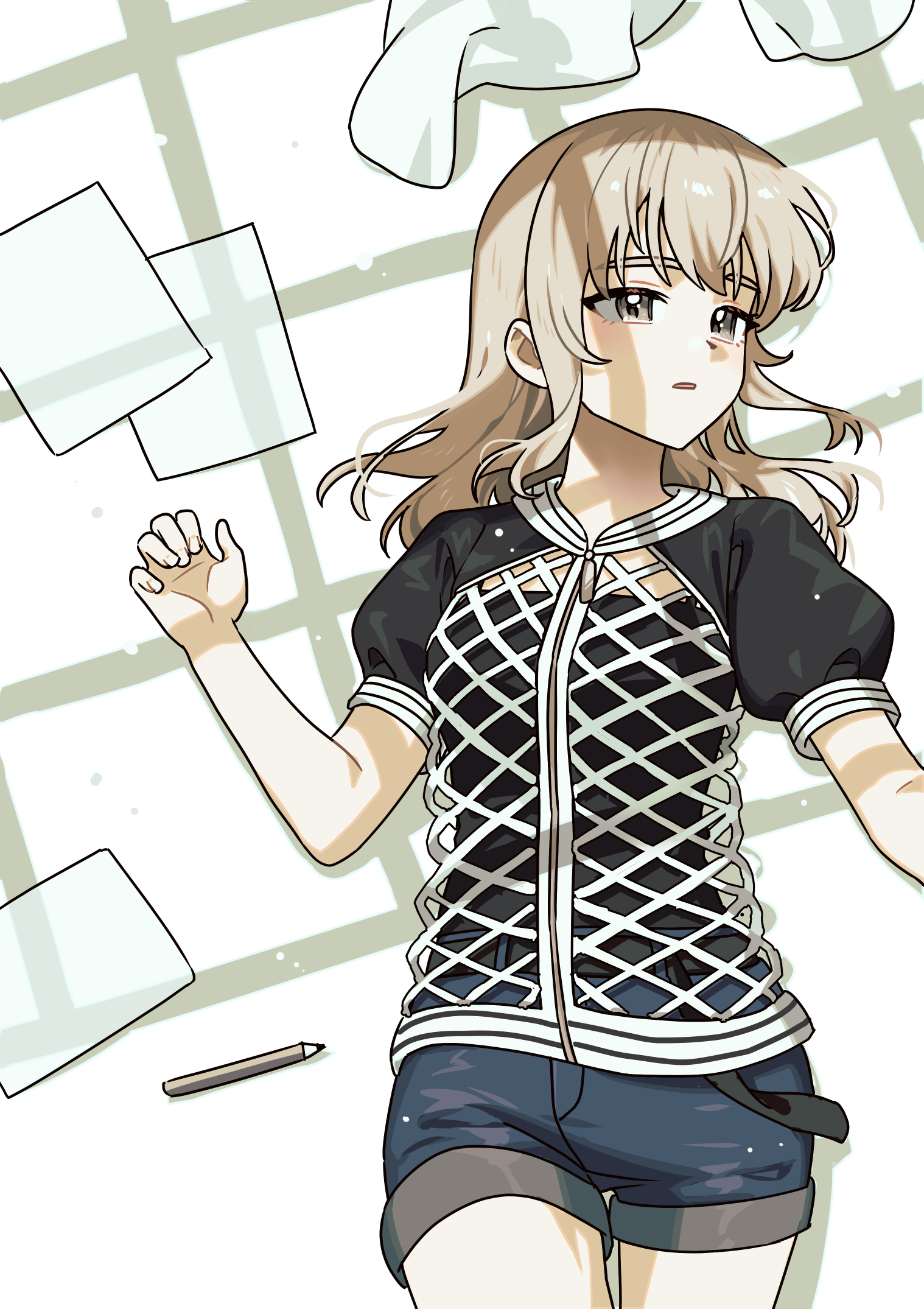 habsida (habsida hpy), kawaragi momoka, girls band cry, commentary request, highres, 1girl, black shirt, blue shorts, grey eyes, grey hair, long hair, lying, multicolored hair, on back, open mouth, paper, roots (hair), shadow, shirt, short sleeves, shorts, sidelocks, solo