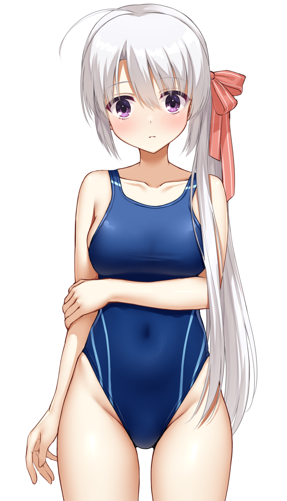 ncontrail (mgax7527), ayachi nene, sanoba witch, commentary request, highres, 1girl, ahoge, blue one-piece swimsuit, breasts, competition swimsuit, covered navel, hair ribbon, highleg, highleg one-piece swimsuit, looking at viewer, medium breasts, one-piece swimsuit, purple eyes, ribbon, side ponytail, simple background, solo, swimsuit, white background, white hair