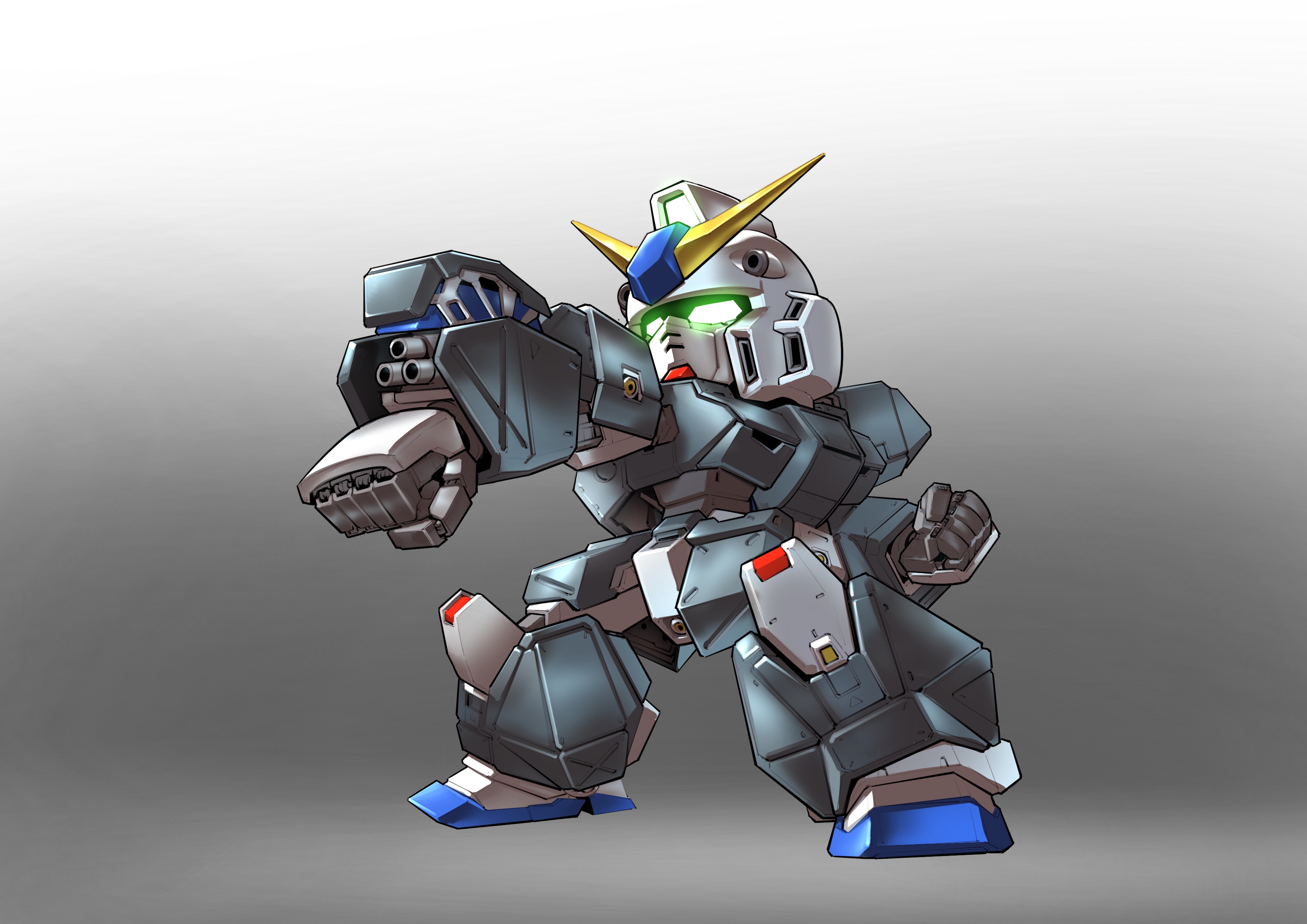 zakuma, gundam alex, gundam, gundam 0080, sd gundam, absurdres, chinese commentary, commentary request, highres, making-of available, aiming, arm mounted weapon, chibi, clenched hands, full body, glowing, glowing eyes, gradient background, green eyes, mecha, mecha focus, mobile suit, no humans, outstretched arms, reactive armor, robot, science fiction, solo, standing, v-fin