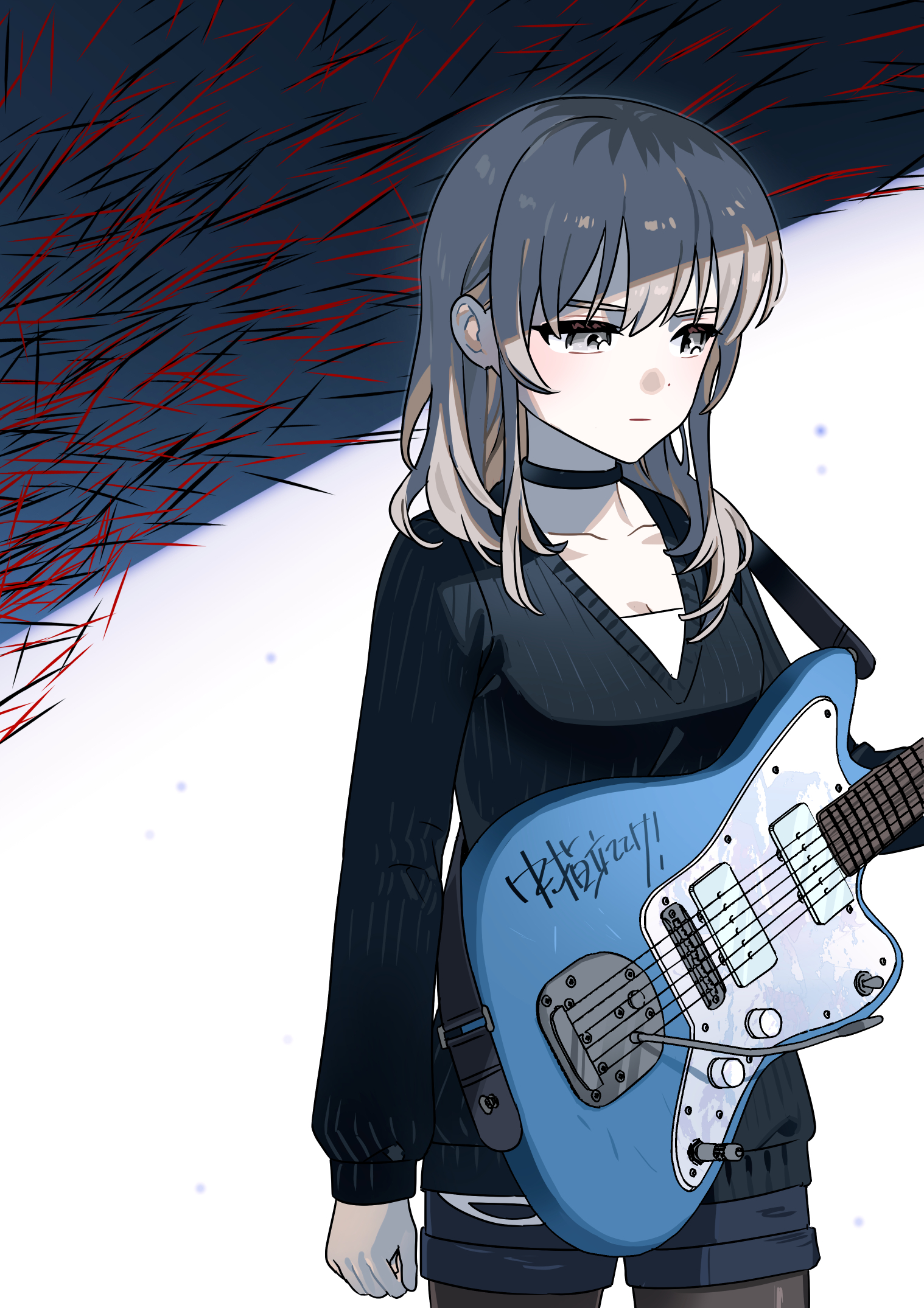 habsida (habsida hpy), kawaragi momoka, girls band cry, commentary request, highres, 1girl, black choker, black shorts, black sweater, blue shorts, breasts, choker, cleavage, cowboy shot, grey eyes, grey hair, long hair, medium breasts, multicolored hair, pantyhose, pantyhose under shorts, roots (hair), shade, shorts, solo, sweater