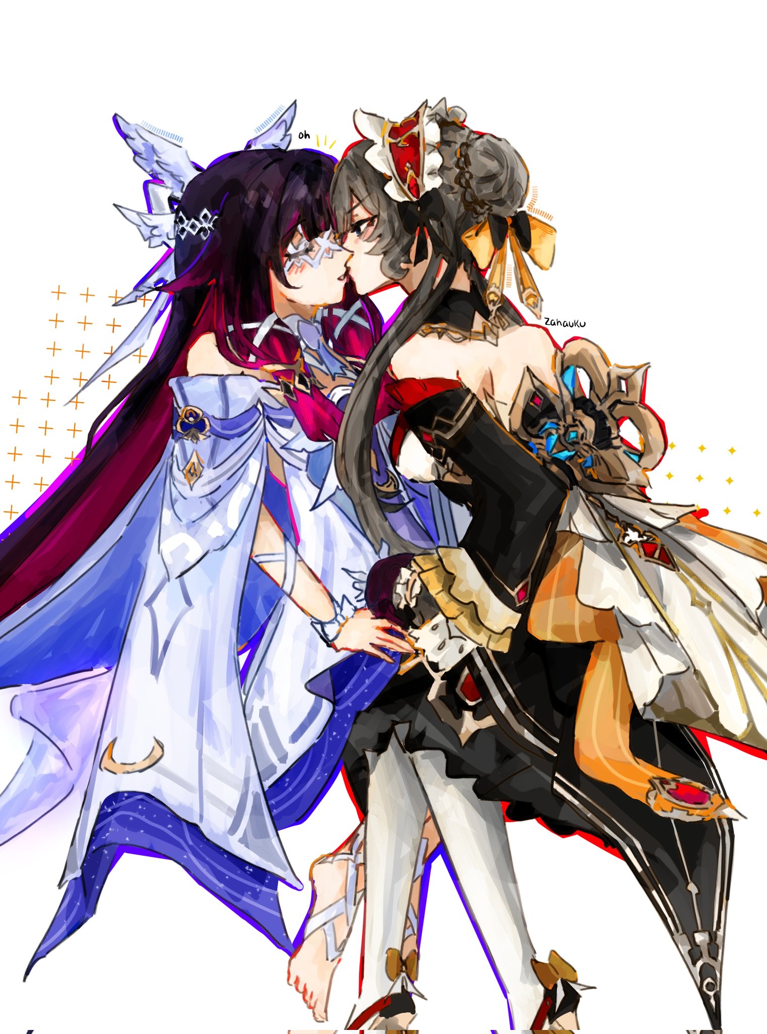 zahauku, columbina (genshin impact), sandrone (genshin impact), genshin impact, commentary, english commentary, highres, 2girls, bare shoulders, barefoot, black dress, black hair, blue dress, braid, braided bun, brown hair, closed eyes, dress, hair bun, headdress, kiss, looking at another, multicolored hair, multiple girls, pantyhose, parted lips, purple hair, toes, two-tone hair, white background, white pantyhose, yuri