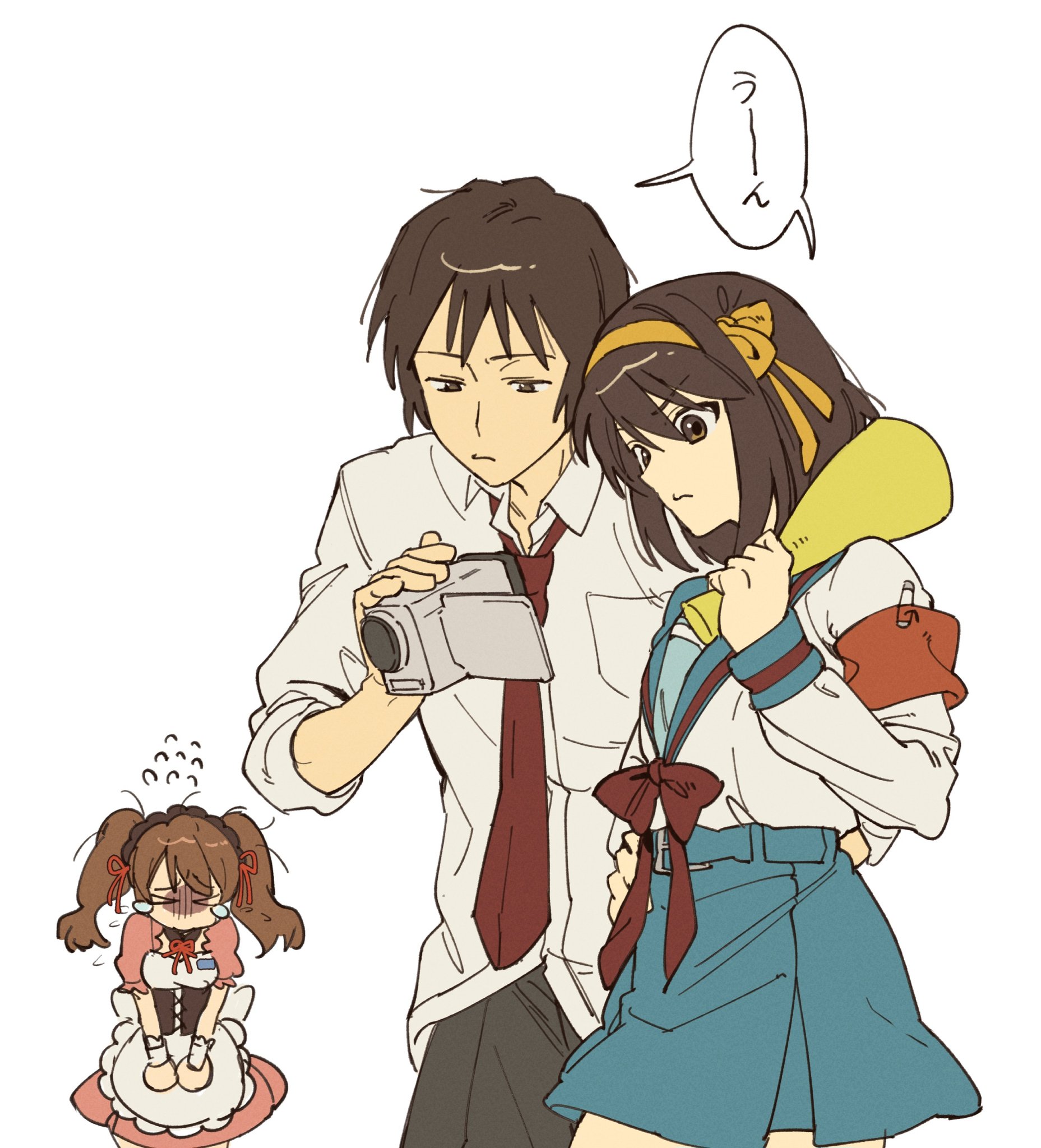 kkoo7, asahina mikuru, kyon, suzumiya haruhi, suzumiya haruhi no yuuutsu, highres, 1boy, 2girls, blue skirt, kita high school uniform, multiple girls, sailor collar, school uniform, serafuku, skirt, sos brigade