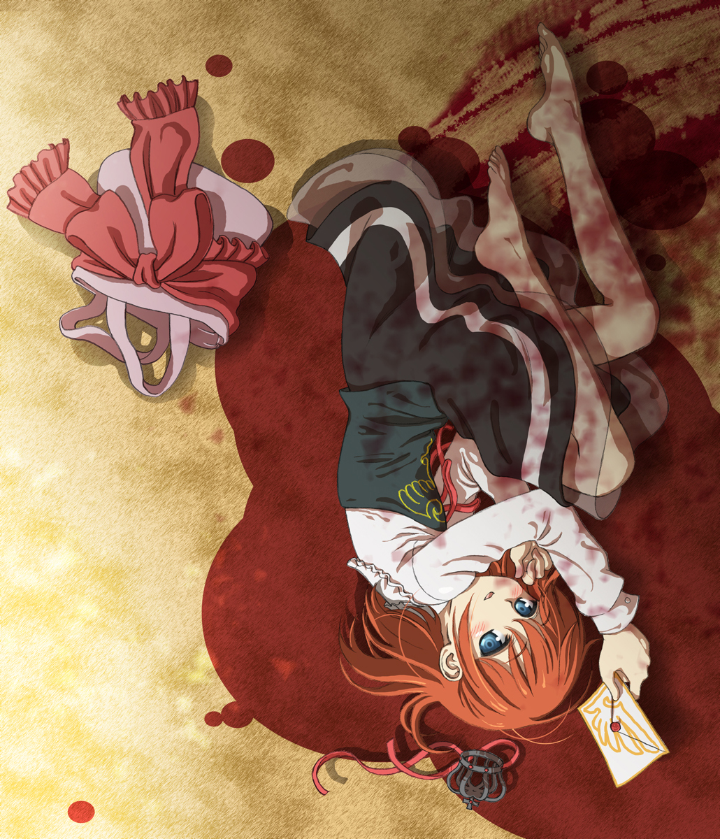 konoe (vis9191), ushiromiya maria, umineko no naku koro ni, highres, 00s, 1girl, bag, barefoot, blood, blue eyes, blush, corset, crown, dress, feet, female focus, gothic lolita, handbag, legs, letter, lolita fashion, lying, on side, orange hair, ribbon, see-through clothes, smile, solo, stain