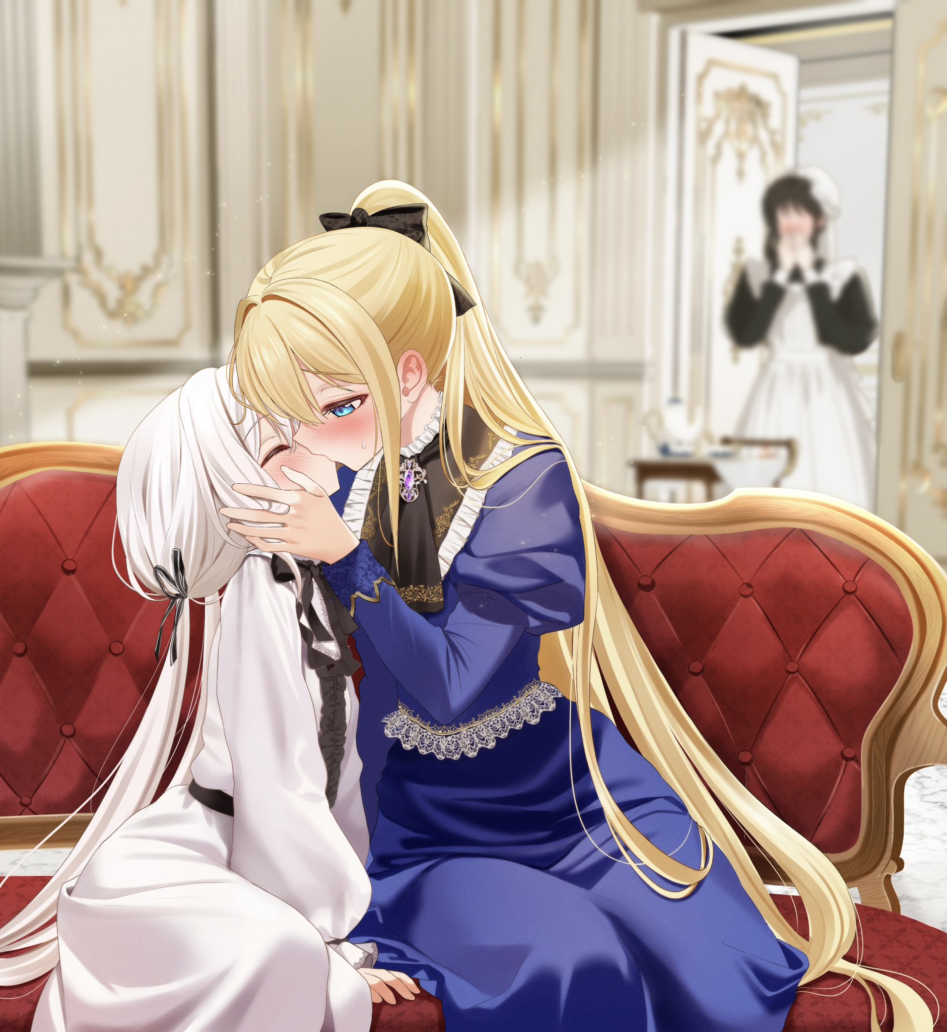 bagel sandica, commentary request, highres, 3girls, apron, black ribbon, blonde hair, blue dress, blue eyes, blurry, blurry background, blush, brown hair, closed eyes, couch, dress, hair ribbon, hand on another's face, kiss, krische, long hair, maid, maid apron, multiple girls, on couch, ponytail, ribbon, selene (shoujo no nozomanu eiyuutan), shoujo no nozomanu eiyuutan, sweat, twintails, white dress, white hair, yuri