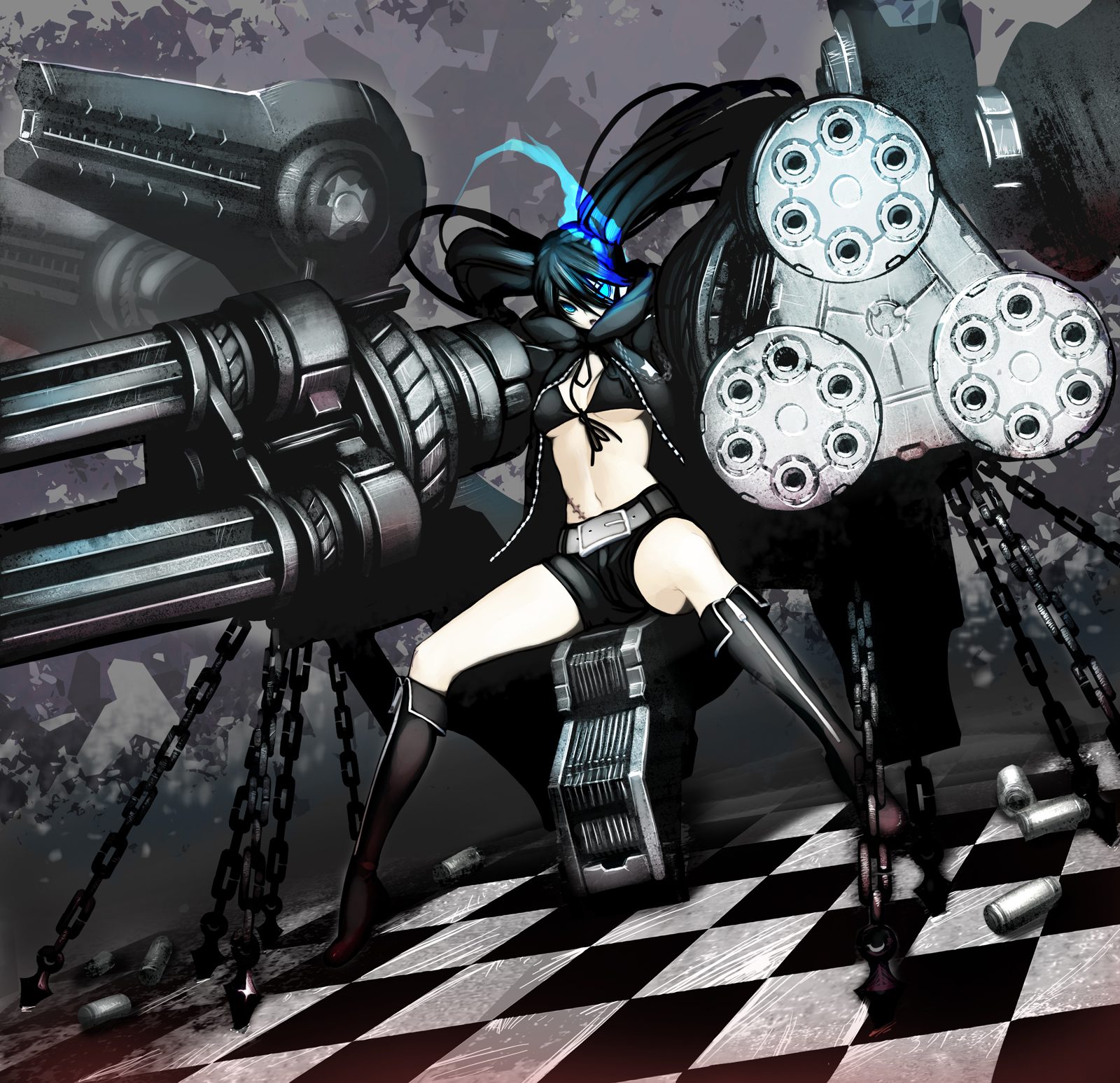 tsunekun, black rock shooter (character), black rock shooter, bad id, bad pixiv id, highres, 10s, 1girl, arm cannon, bikini, bikini top only, black hair, boots, breasts, chain, checkered floor, female focus, floor, front-tie top, gatling gun, glowing, glowing eyes, gun, huge weapon, large breasts, machine gun, midriff, navel, perspective, scar, shell casing, shorts, solo, swimsuit, twintails, weapon