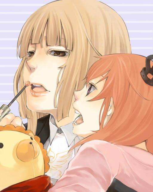 xxcarillonxx, sakutarou (umineko), ushiromiya maria, ushiromiya rosa, umineko no naku koro ni, light brown hair, 00s, 2girls, age difference, blonde hair, blunt bangs, brown eyes, hime cut, lipgloss, lips, lipstick, makeup, mother and daughter, multiple girls, orange hair, purple eyes, stuffed animal, stuffed lion, stuffed toy