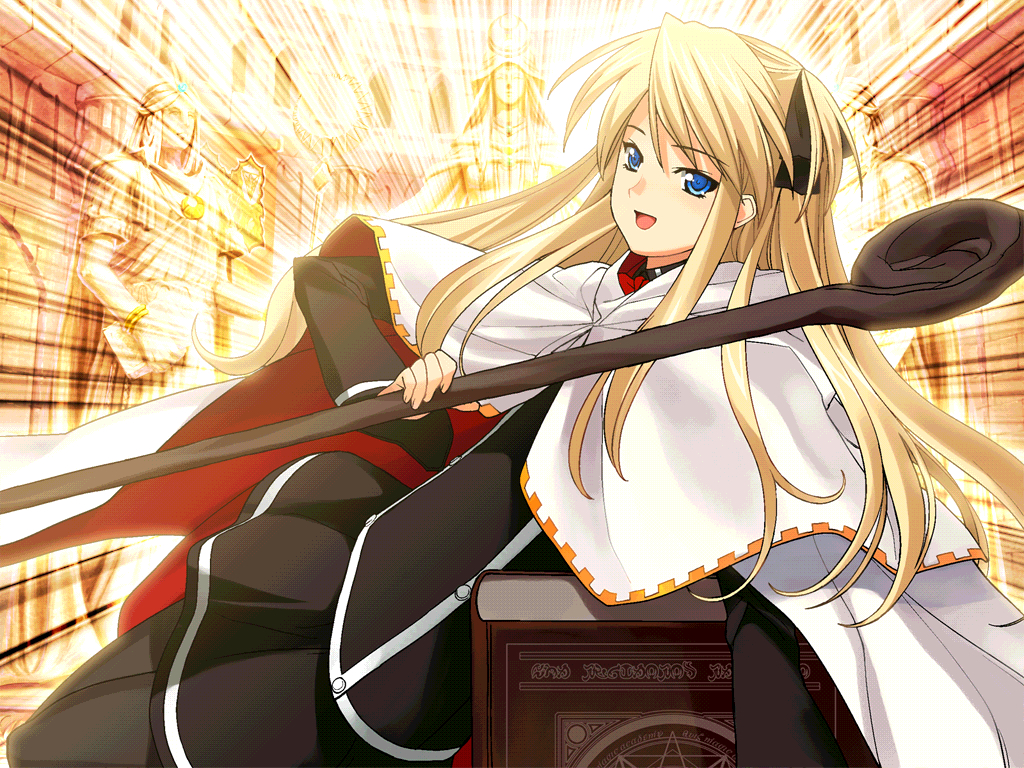 shalon, quiz magic academy, 1girl, blonde hair, blue eyes, book, cape, female focus, holding, long hair, long sleeves, looking at viewer, open mouth, ribbon, school uniform, smile, solo, staff, two side up