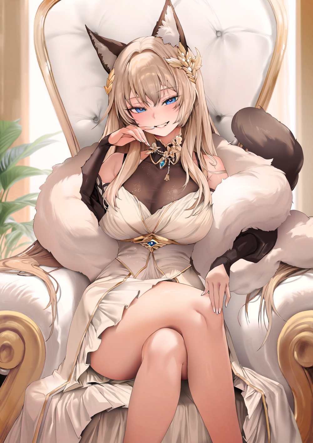 zerocat, original, commentary, highres, symbol-only commentary, 1girl, animal ear fluff, animal ears, bare shoulders, blue eyes, breasts, brown hair, chair, cleavage, crossed legs, fingernails, fur trim, hair between eyes, hand up, large breasts, long hair, looking at viewer, on chair, parted lips, see-through cleavage, see-through clothes, sitting, solo, very long hair