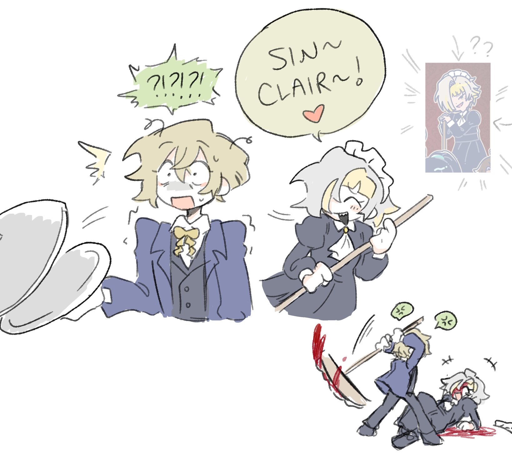 v0ge11, kromer (project moon), sinclair (project moon), limbus company, project moon, highres, 1boy, 1girl, alternate costume, anger vein, apron, blonde hair, blood, broom, butler, character name, chibi, cowboy shot, english text, full body, heart, holding, holding broom, maid, maid apron, maid headdress, official alternate costume, open mouth, short hair, simple background, speech bubble, sweat, white background, white hair