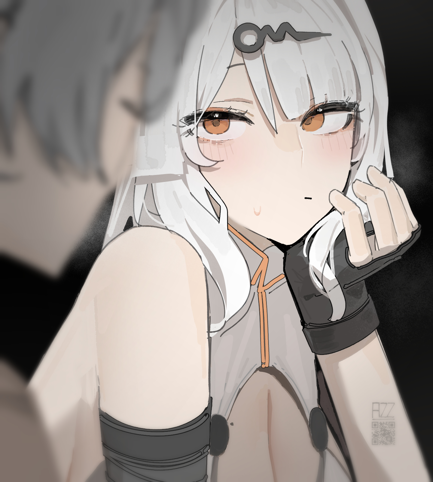 azz0422, wise (zenless zone zero), yixuan (zenless zone zero), zenless zone zero, highres, 1boy, 1girl, bare shoulders, black background, blurry, blurry foreground, blush, breasts, cleavage, cleavage cutout, closed mouth, clothing cutout, fingerless gloves, gloves, grey hair, hand on own cheek, hand on own face, large breasts, leaning forward, long hair, looking at another, mole, mole on breast, simple background, solo focus, white hair, yellow eyes, yin yang pin