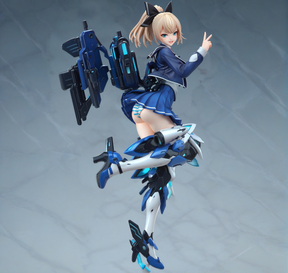 kaze (starward), starward, commentary request, 1girl, armored boots, ass, black bow, black ribbon, blonde hair, blue eyes, blue jacket, blue panties, blue skirt, boots, bow, breasts, gun, hair bow, hair ribbon, jacket, large breasts, long sleeves, looking at viewer, looking back, mecha musume, mechanical legs, miniskirt, neck ribbon, panties, pantyshot, pleated skirt, ponytail, ribbon, school uniform, shirt, skirt, solo, striped clothes, striped panties, underwear, weapon, white shirt