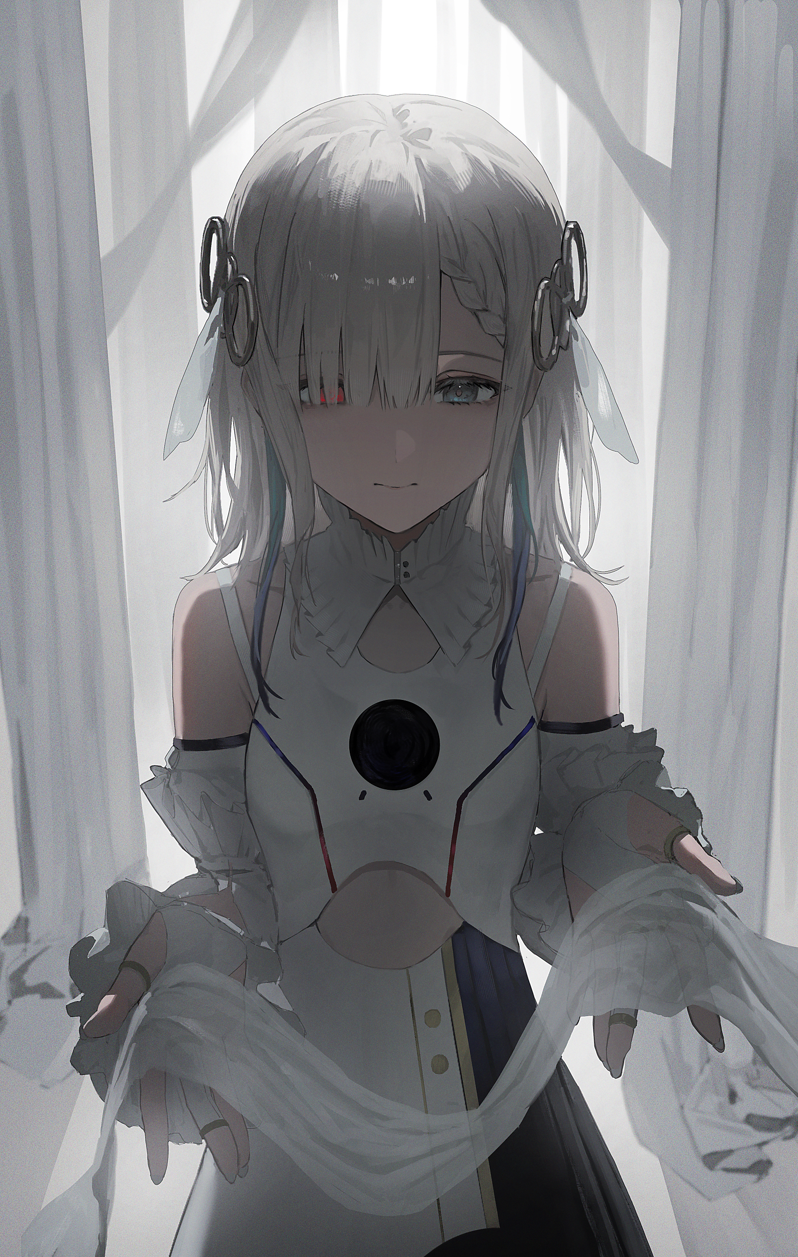 nekoreito, isekaijoucho, kamitsubaki studio, absurdres, commentary, commentary request, english commentary, highres, mixed-language commentary, 1girl, bare shoulders, blue eyes, blue streaks, bridal gauntlets, closed mouth, cowboy shot, detached sleeves, frilled sleeves, frills, heterochromia, jewelry, long hair, looking at object, red eyes, ring, solo, standing, white bridal gauntlets, white hair, white sleeves