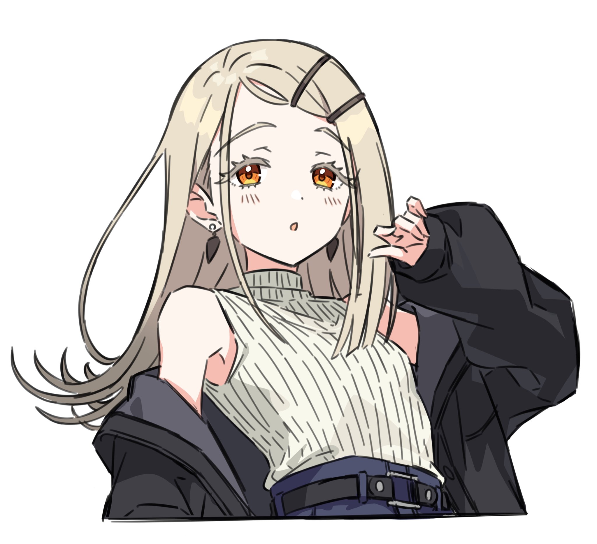 kousuke0912, shinosawa hiro, gakuen idolmaster, idolmaster, commentary request, highres, 1girl, belt, black belt, black jacket, blonde hair, blush, breasts, colored eyelashes, cropped torso, earrings, flipped hair, gradient hair, grey hair, hand up, jacket, jewelry, long hair, long sleeves, looking at viewer, multicolored hair, off shoulder, open mouth, orange eyes, parted bangs, puffy long sleeves, puffy sleeves, simple background, sleeveless, sleeveless sweater, small breasts, solo, sweater, turtleneck, turtleneck sweater, upper body, white background