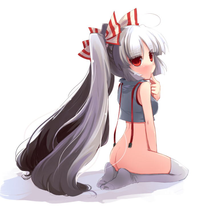 shin (new), fujiwara no mokou, touhou, silver hair, 1girl, ass, bottomless, bow, feet, female focus, hair bow, hair ribbon, long hair, no panties, ponytail, red eyes, ribbon, seiza, sitting, solo, suspenders, thighhighs, twintails, very long hair