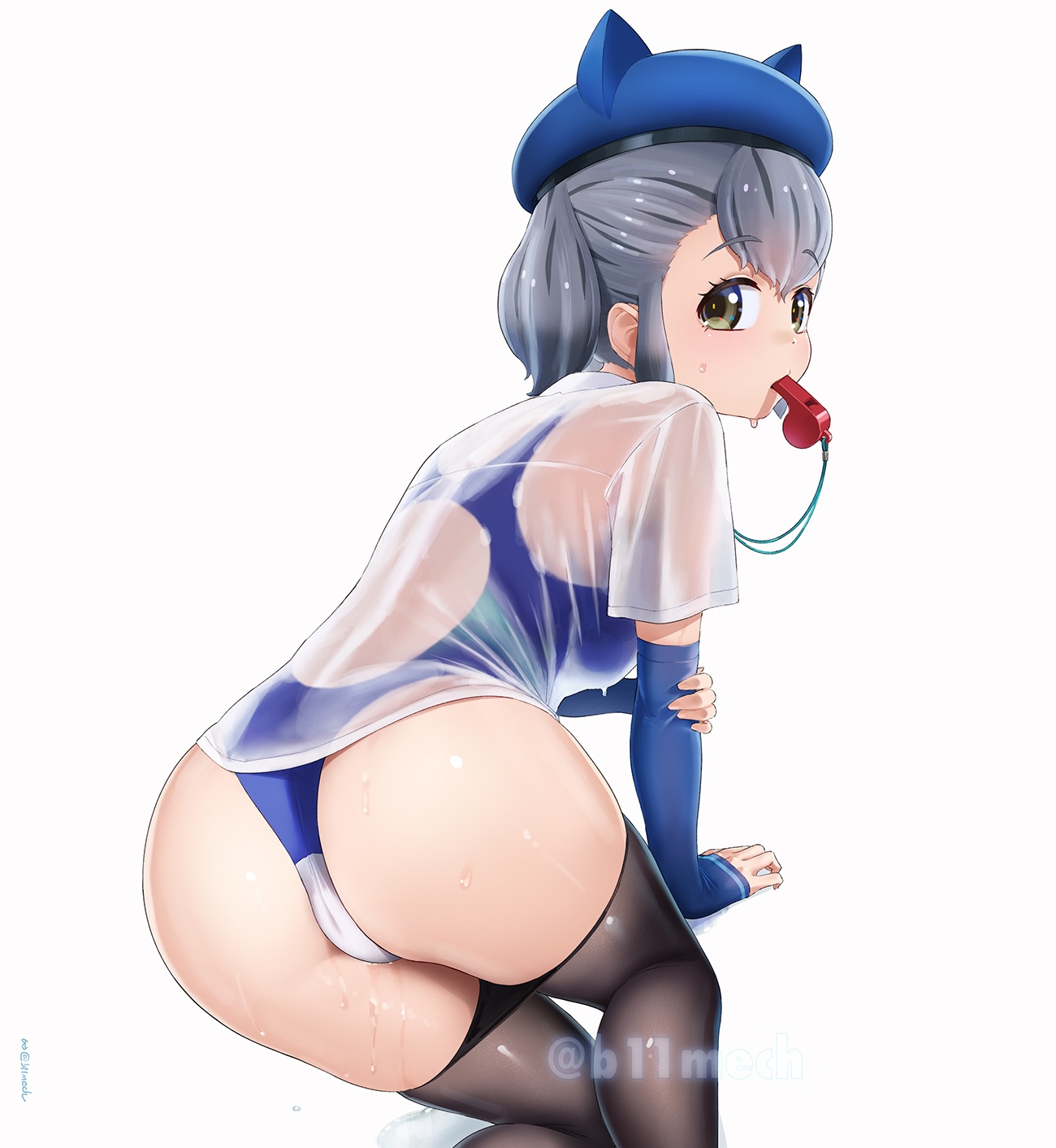 beleven, hikari (kemono friends), kemono friends, kemono friends 3, highres, 1girl, ass, beret, black pantyhose, blue gloves, blue hat, blue one-piece swimsuit, competition swimsuit, cowboy shot, elbow gloves, fingerless gloves, gloves, green eyes, grey hair, hair between eyes, hat, looking at viewer, looking back, multicolored hair, one-piece swimsuit, pantyhose, see-through clothes, see-through shirt, shirt, short hair, sidelocks, solo, swimsuit, t-shirt, two-tone one-piece swimsuit, water drop, wet, wet clothes, wet shirt, whistle, whistle around neck, white one-piece swimsuit, white shirt