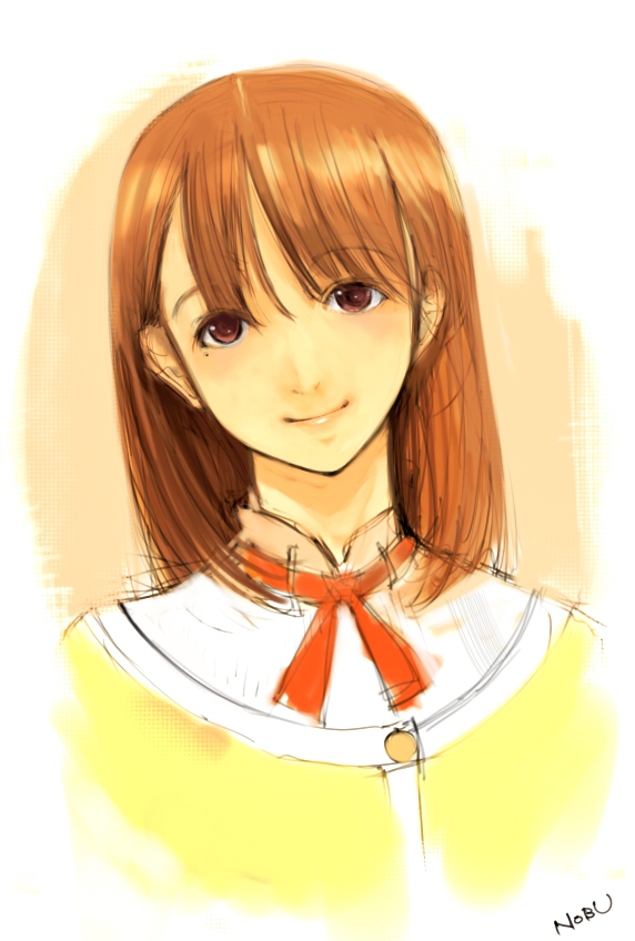 nobusnow, anegasaki nene, love plus, bad id, bad pixiv id, 1girl, brown eyes, brown hair, female focus, mole, mole under eye, short hair, smile, solo