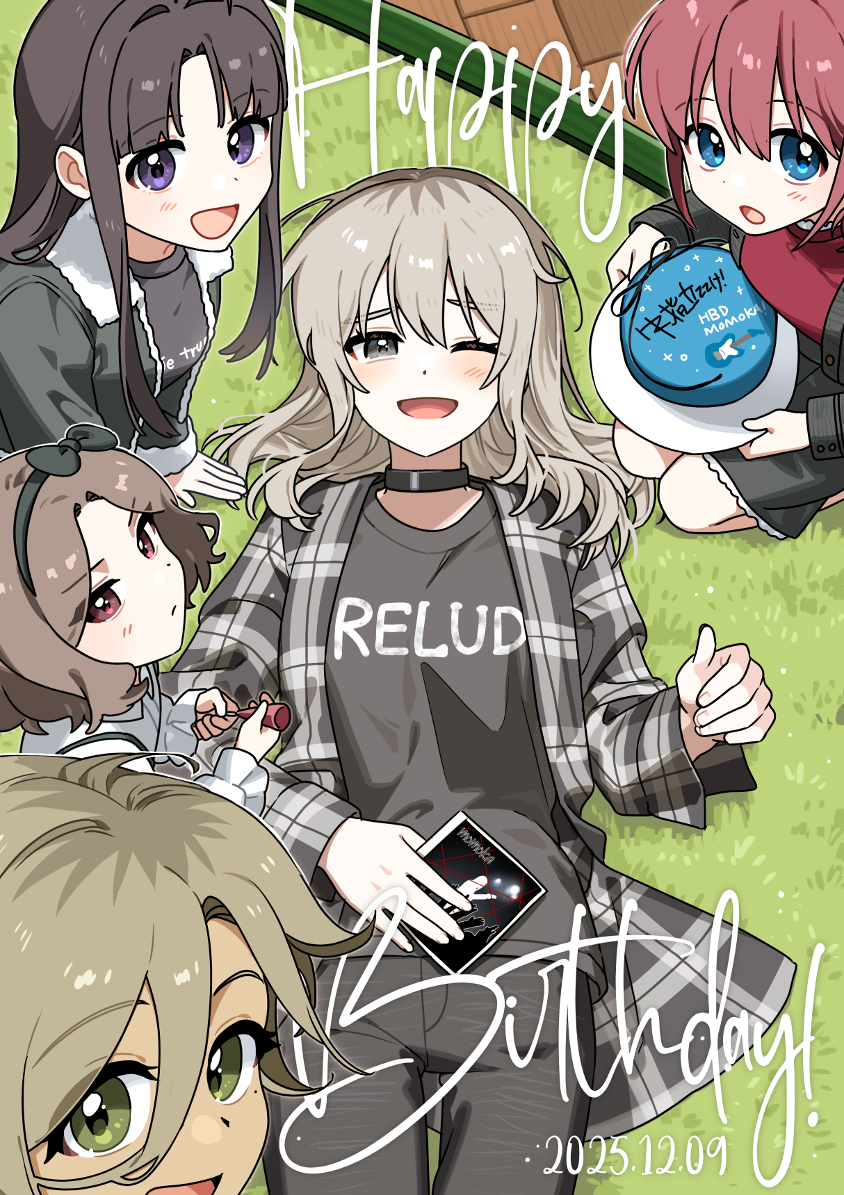 habsida (habsida hpy), awa subaru, ebizuka tomo, iseri nina, kawaragi momoka, rupa (girls band cry), girls band cry, commentary request, highres, 5girls, birthday cake, black bow, black choker, black hair, black jacket, black shirt, blue eyes, bow, brown eyes, brown hair, cake, choker, dated, food, grey eyes, grey hair, hair between eyes, hair bow, happy birthday, jacket, long hair, long hair between eyes, lying, mole, mole under eye, multicolored hair, multiple girls, on back, open mouth, parted bangs, red eyes, red hair, red shirt, roots (hair), shirt, short hair, sidelocks, togenashi togeari