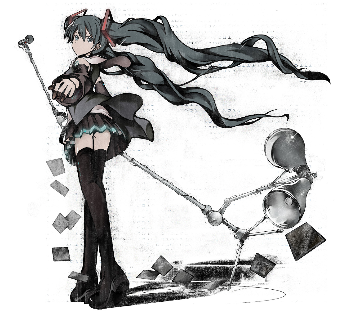 machimura komori, hatsune miku, vocaloid, highres, 1girl, aqua eyes, aqua hair, boots, female focus, legs, long hair, looking back, megaphone, microphone, microphone stand, panties, solo, thigh boots, thighhighs, twintails, underwear, upskirt, very long hair, zettai ryouiki