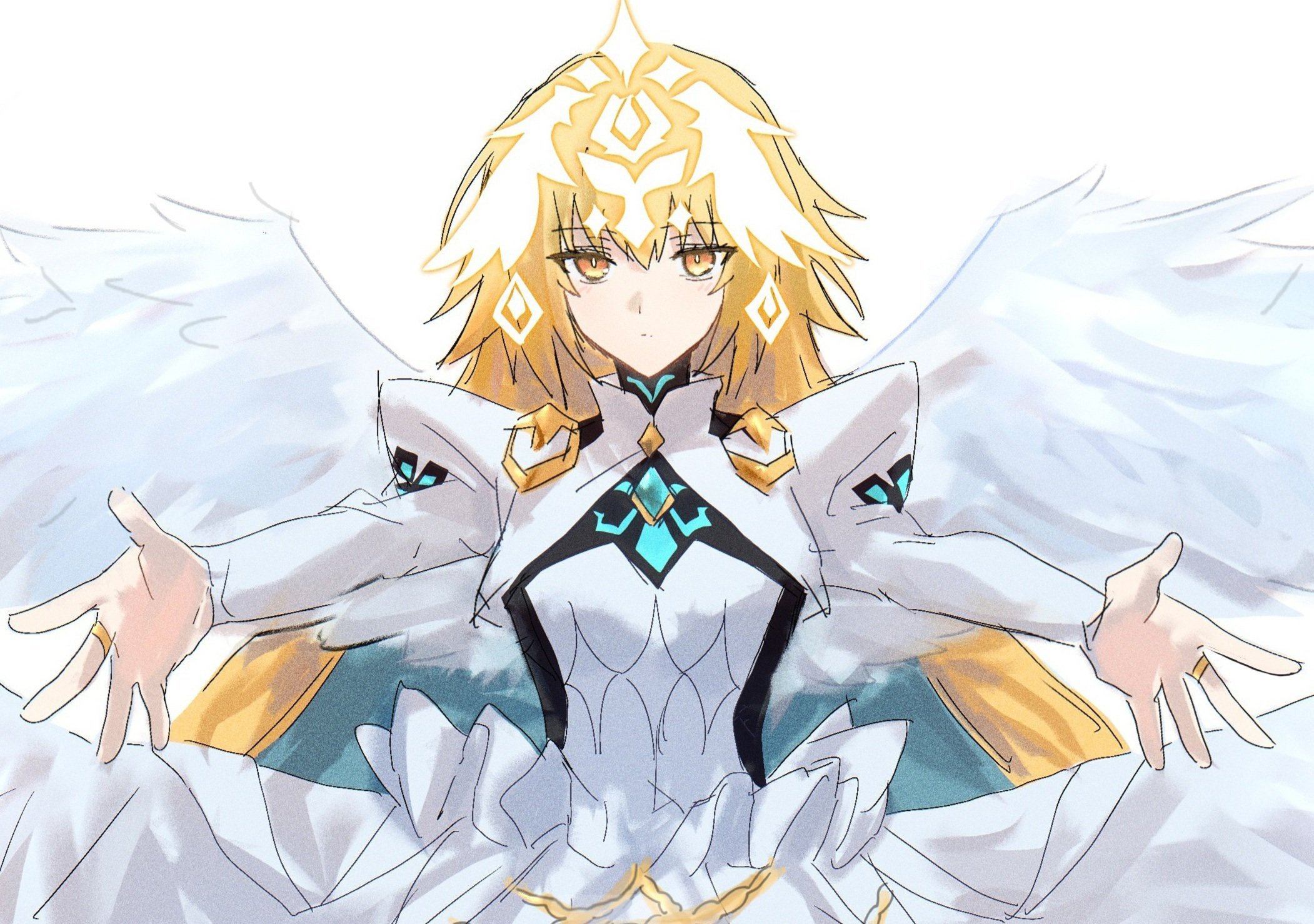 nekwnek, jeanne d'arc (fate), metatron jeanne (fate), metatron jeanne (third ascension) (fate), fate/grand order, fate (series), highres, 1girl, angel wings, blonde hair, breasts, dress, feathered wings, headpiece, juliet sleeves, long hair, long sleeves, looking at viewer, medium breasts, multiple wings, outstretched arms, puffy sleeves, solo, very long hair, white dress, wings, yellow eyes