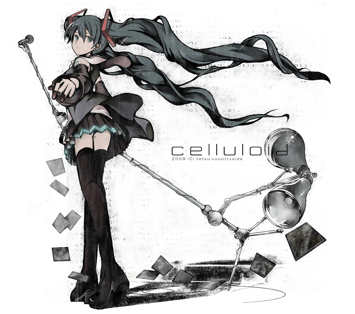 machimura komori, hatsune miku, vocaloid, 1girl, boots, female focus, microphone, microphone stand, panties, solo, thigh boots, thighhighs, twintails, underwear, upskirt