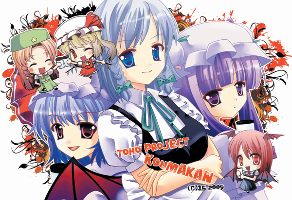iroha tooko, flandre scarlet, hong meiling, izayoi sakuya, koakuma, patchouli knowledge, remilia scarlet, embodiment of scarlet devil, touhou, light purple hair, 6+girls, bat wings, blue hair, blush, crossed arms, female focus, hat, looking at viewer, mob cap, multiple girls, puffy short sleeves, puffy sleeves, purple hair, short hair, short sleeves, tareme, vampire, wings