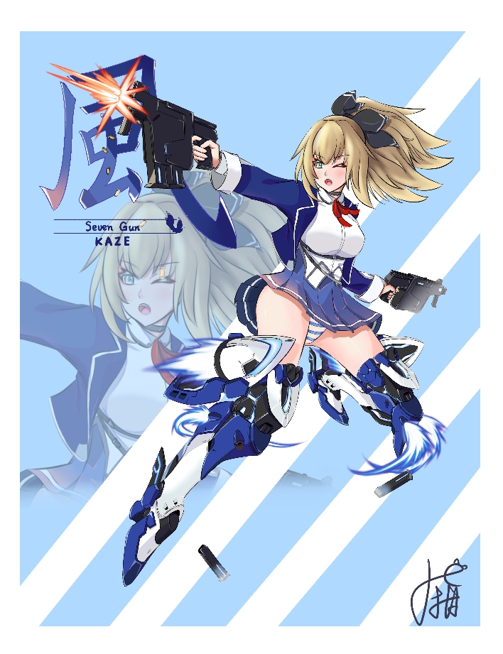 kaze (starward), starward, 1girl, armored boots, black bow, black ribbon, blonde hair, blue eyes, blue jacket, blue panties, blue skirt, boots, bow, breasts, dual wielding, gun, hair bow, hair ribbon, holding, holding gun, holding weapon, jacket, long sleeves, mecha musume, mechanical legs, miniskirt, neck ribbon, panties, pantyshot, pleated skirt, ponytail, red ribbon, ribbon, school uniform, shirt, skirt, solo, striped clothes, striped panties, underwear, weapon, white shirt