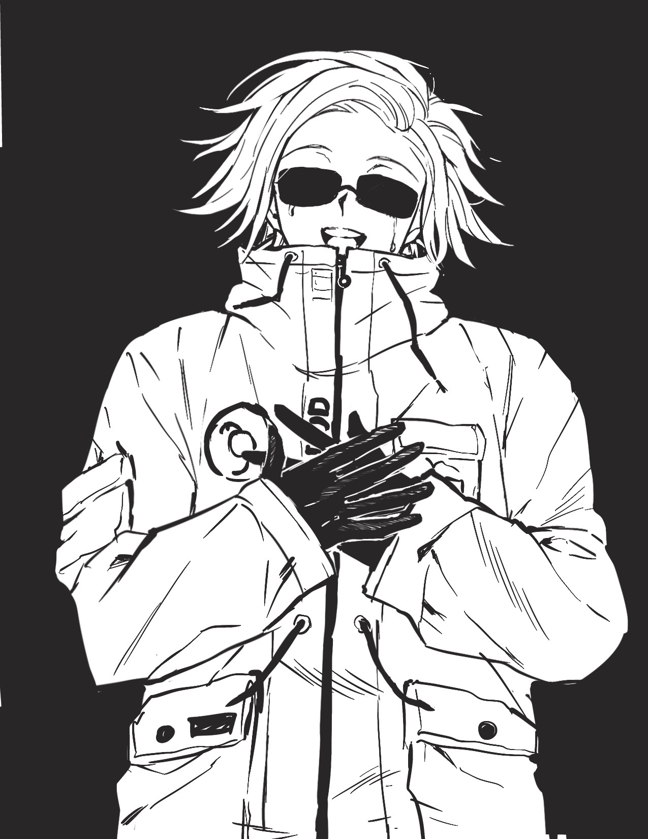 zunzhiyu, aotsuki eito, the hundred line -last defense academy-, commentary, highres, symbol-only commentary, variant set, 1boy, :d, breast pocket, crying, drawstring, facing viewer, gloves, hands on own chest, jacket, male focus, monochrome, open mouth, pocket, short hair, smile, solo, sunglasses, upper body